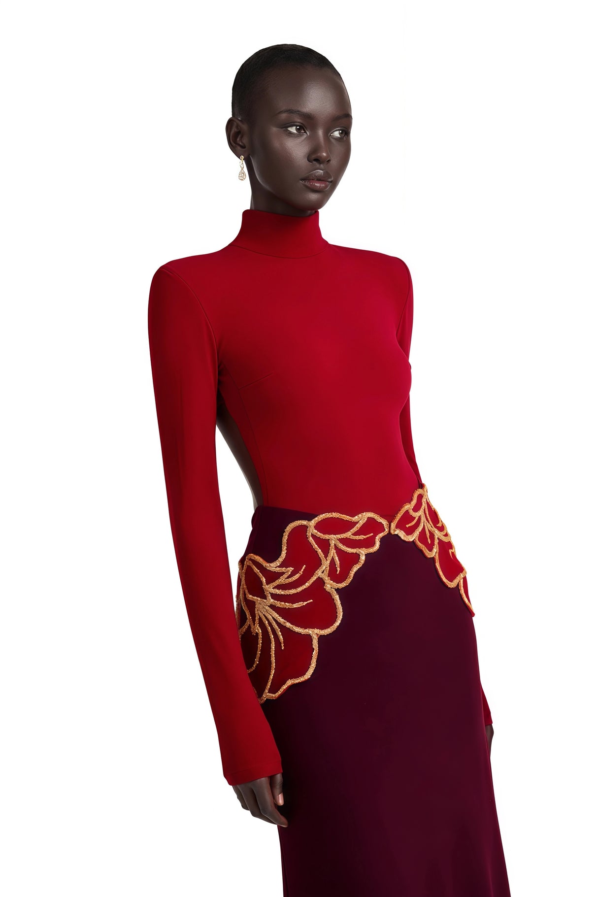 Quenilda Red High Neck Embroidered Maxi Dress