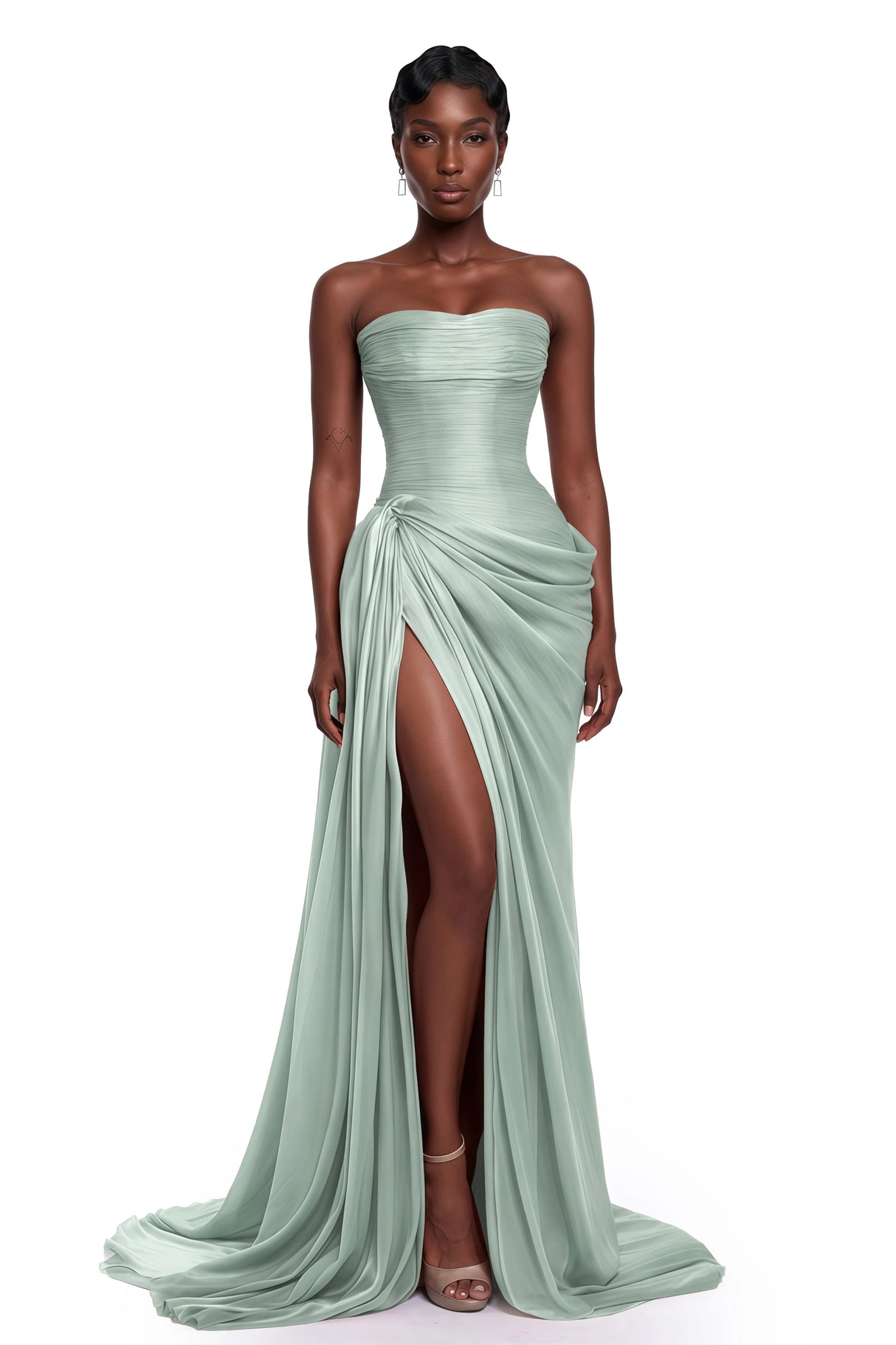 Querubina Green Asymmetrical Ruched Maxi Dress