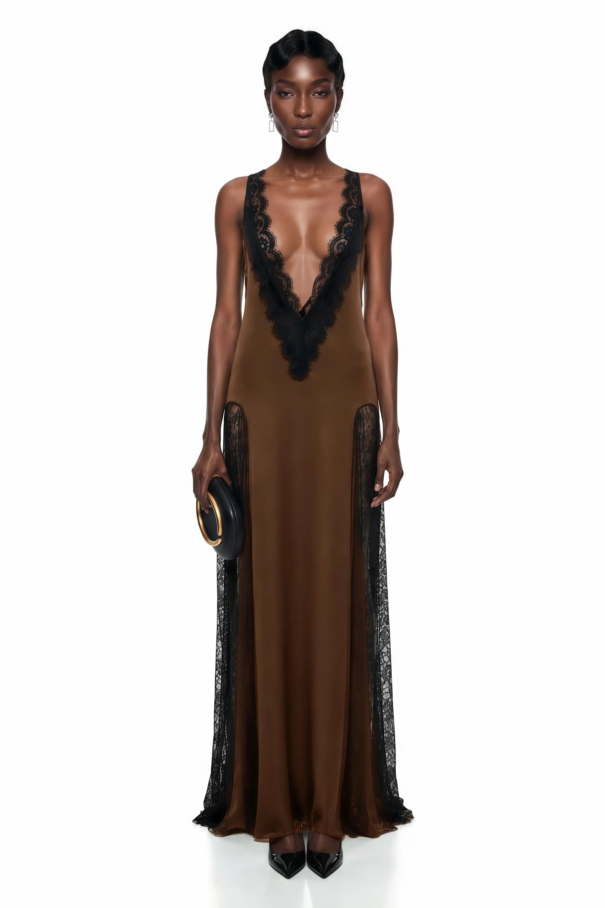 Querubina Olive Backless Lace Trim Satin Maxi Dress