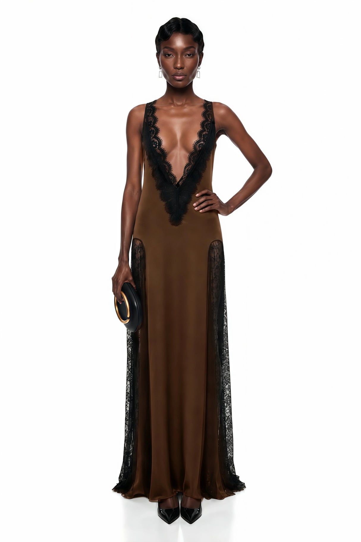 Querubina Olive Backless Lace Trim Satin Maxi Dress