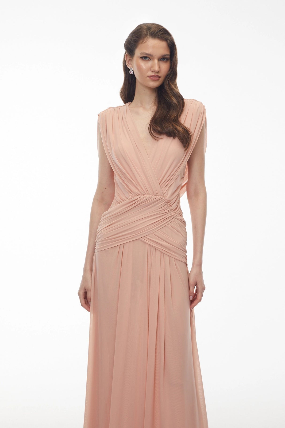 Quiana Blush Pink VNeck Cross Front Ruched Maxi Dress