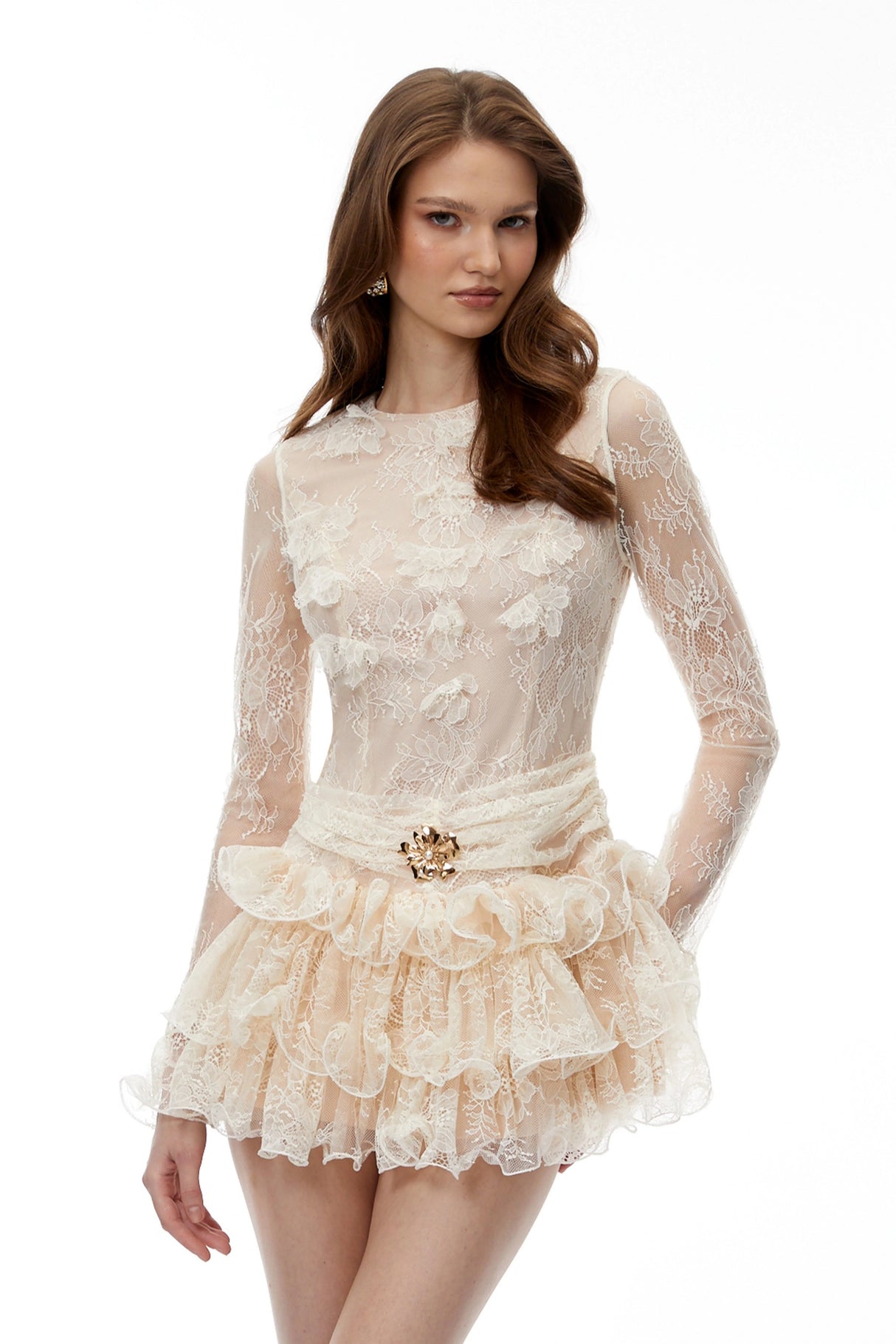 Quintina White Ruffled Lace Mini Dress with 3D Florals