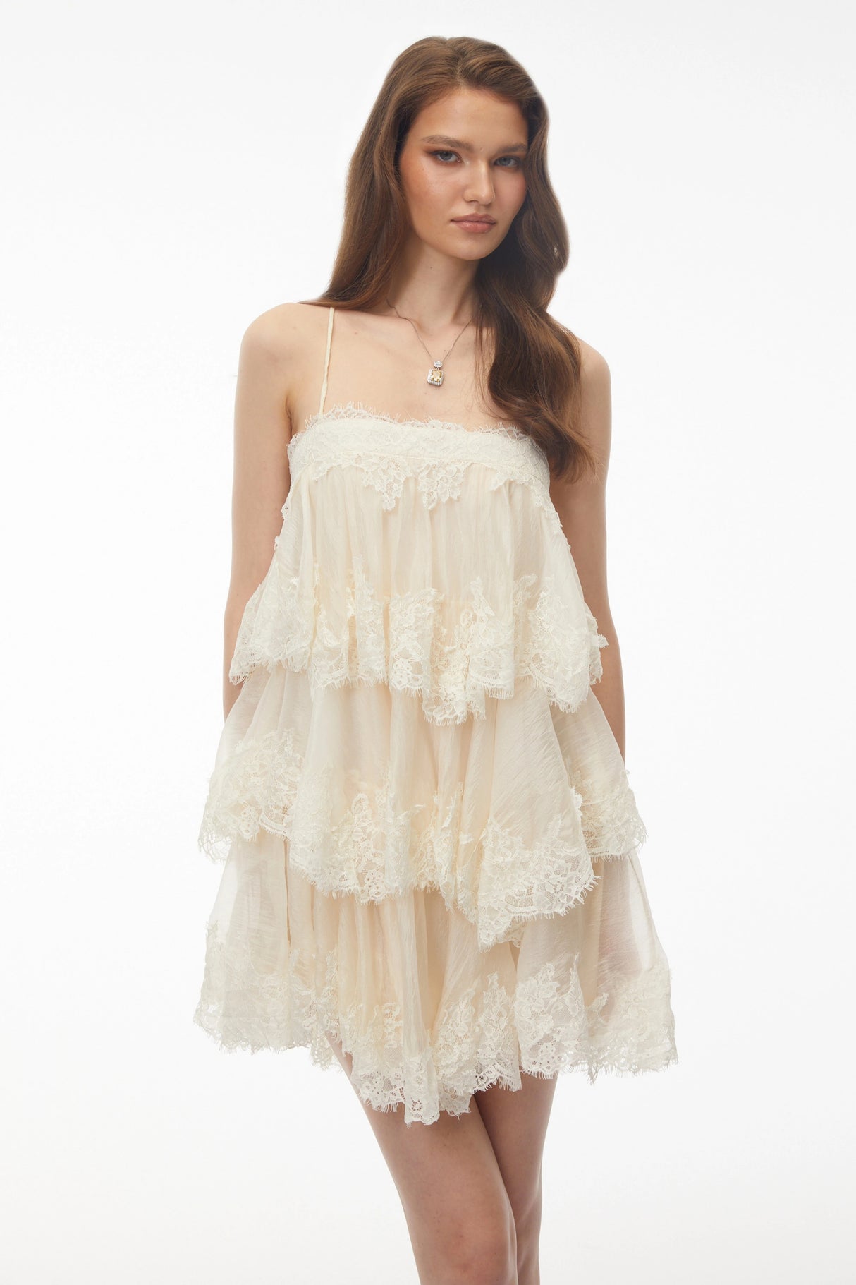 Rachel Beige Tiered Mini Dress with Lace Trim