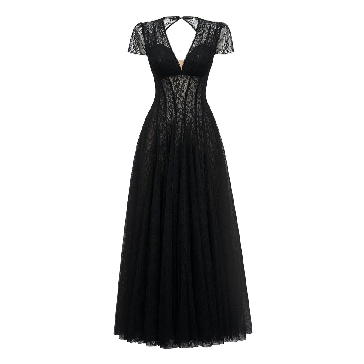 Radiya Black Floral Lace Pleated Maxi Dress