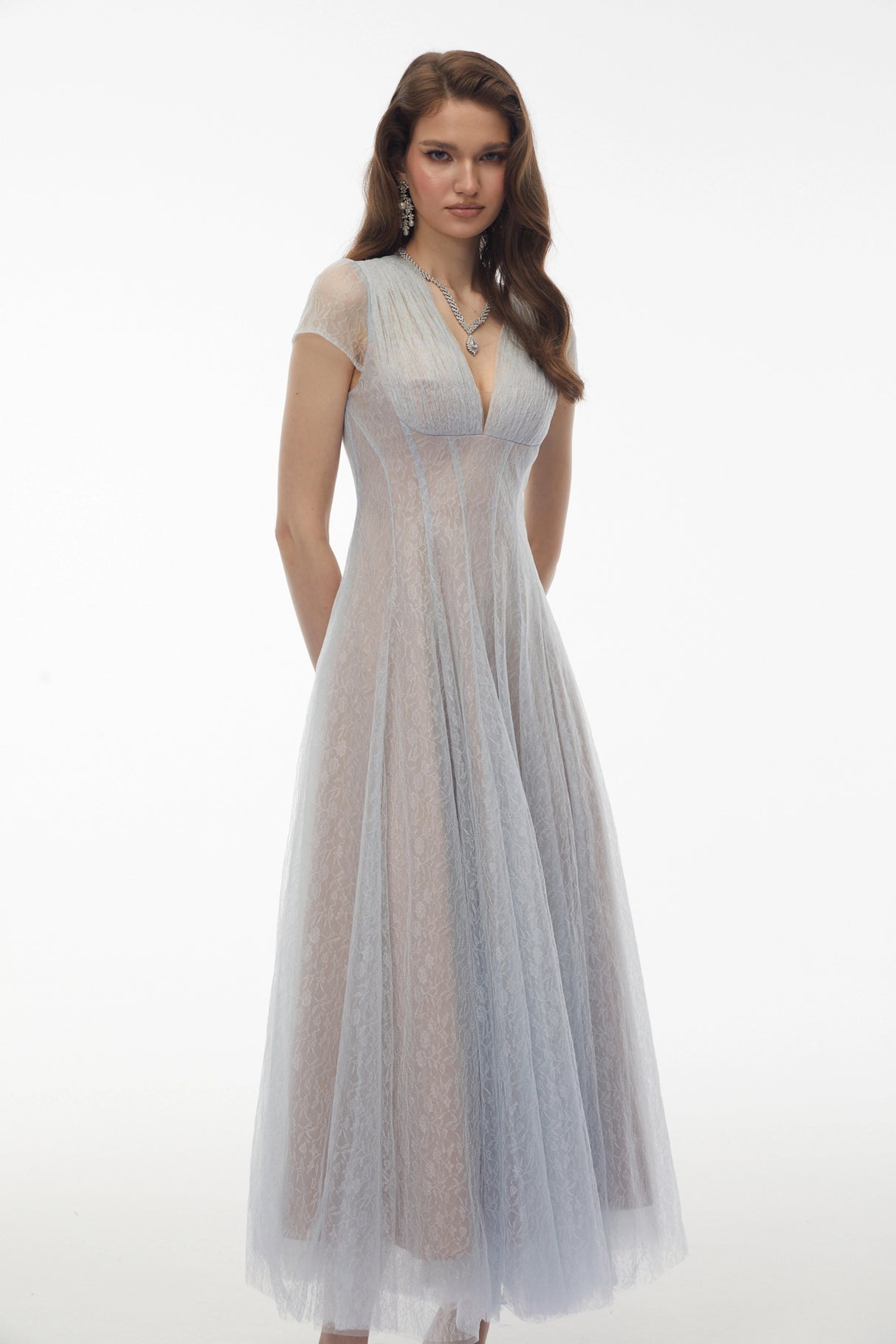 Radiya Blue Floral Lace Pleated Maxi Dress