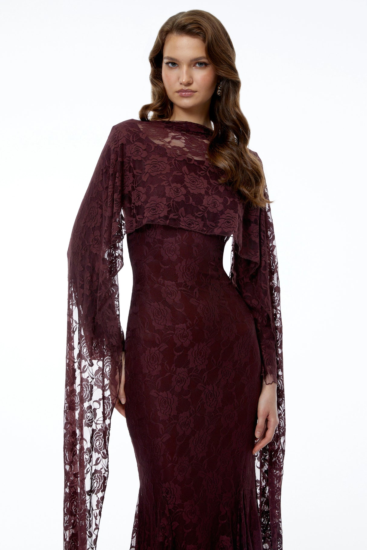 Rafaela Reddish Brown Floral Maxi Dress with Cape