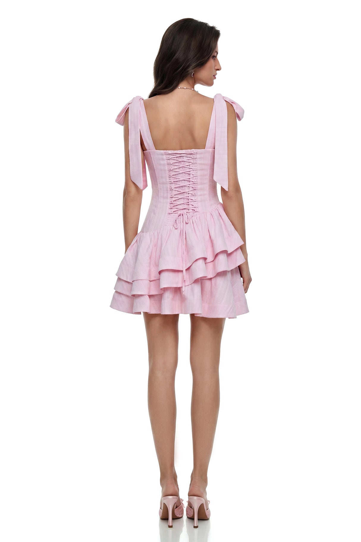Rahab Pink LaceUp Tiered Mini Dress