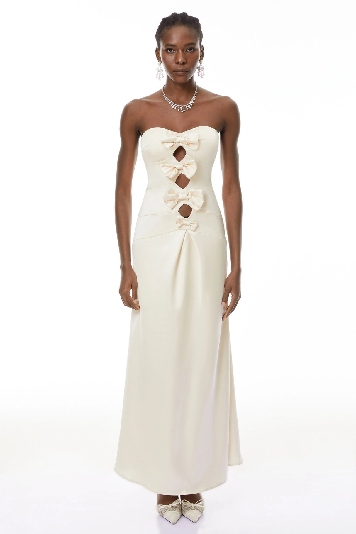 Ramona White CutOut Bow Pleated Maxi Dress