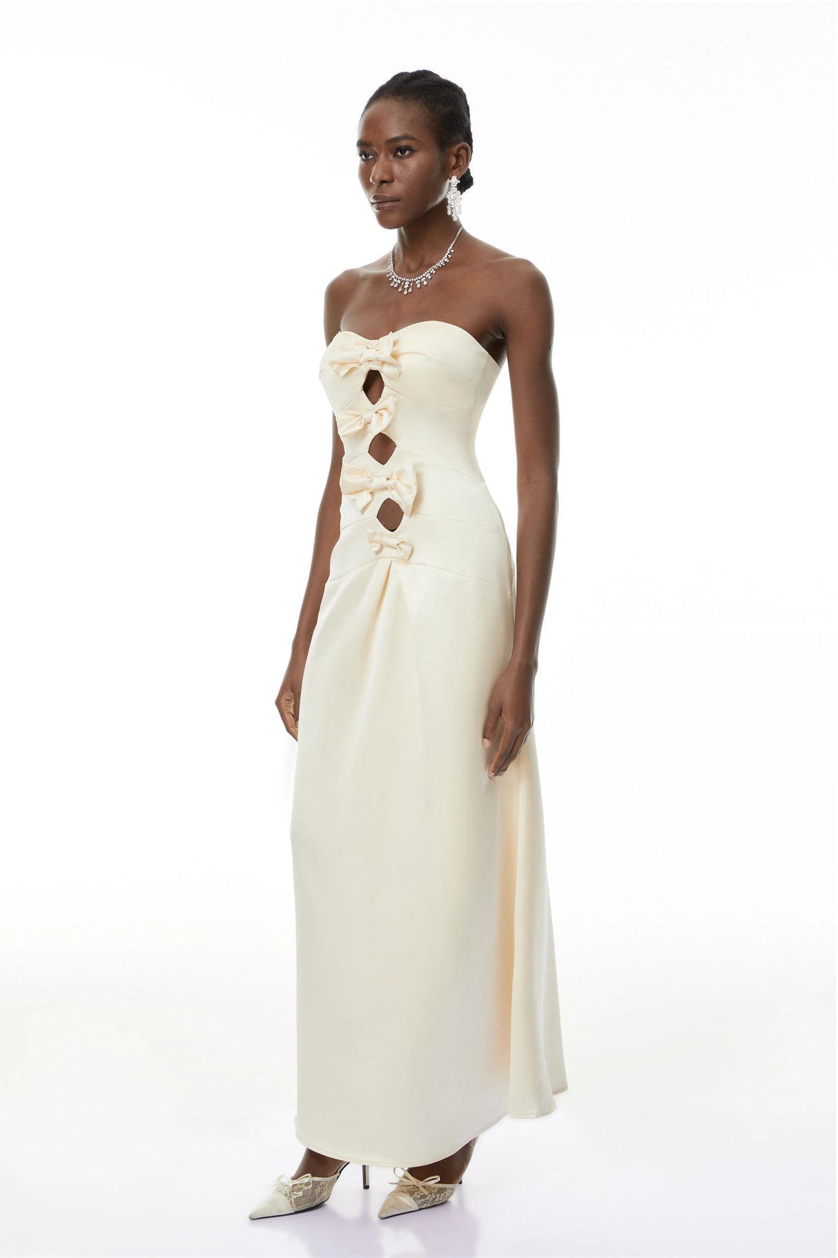 Ramona White CutOut Bow Pleated Maxi Dress