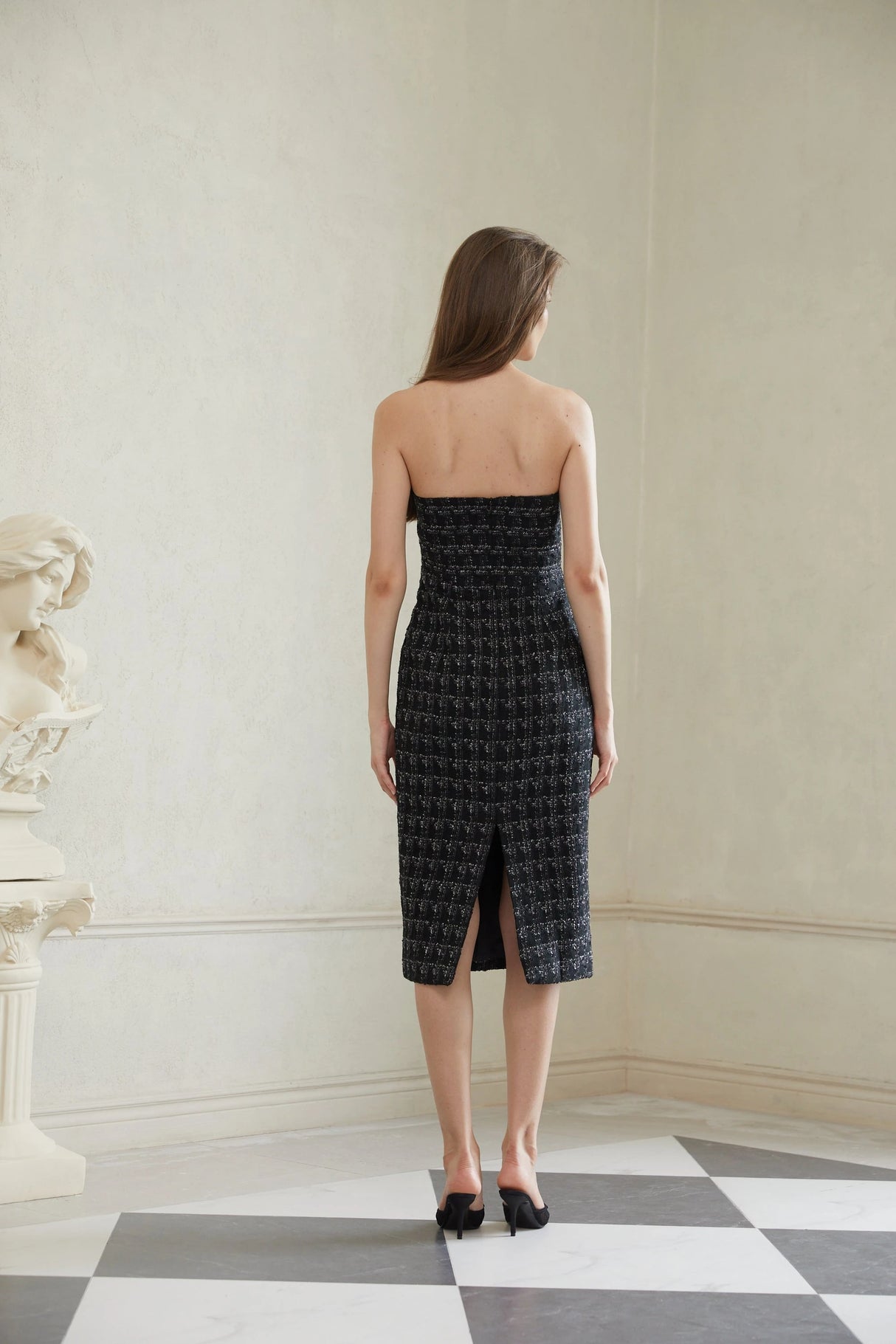 Rauha Black Plaid Weave Tweed Midi Dress