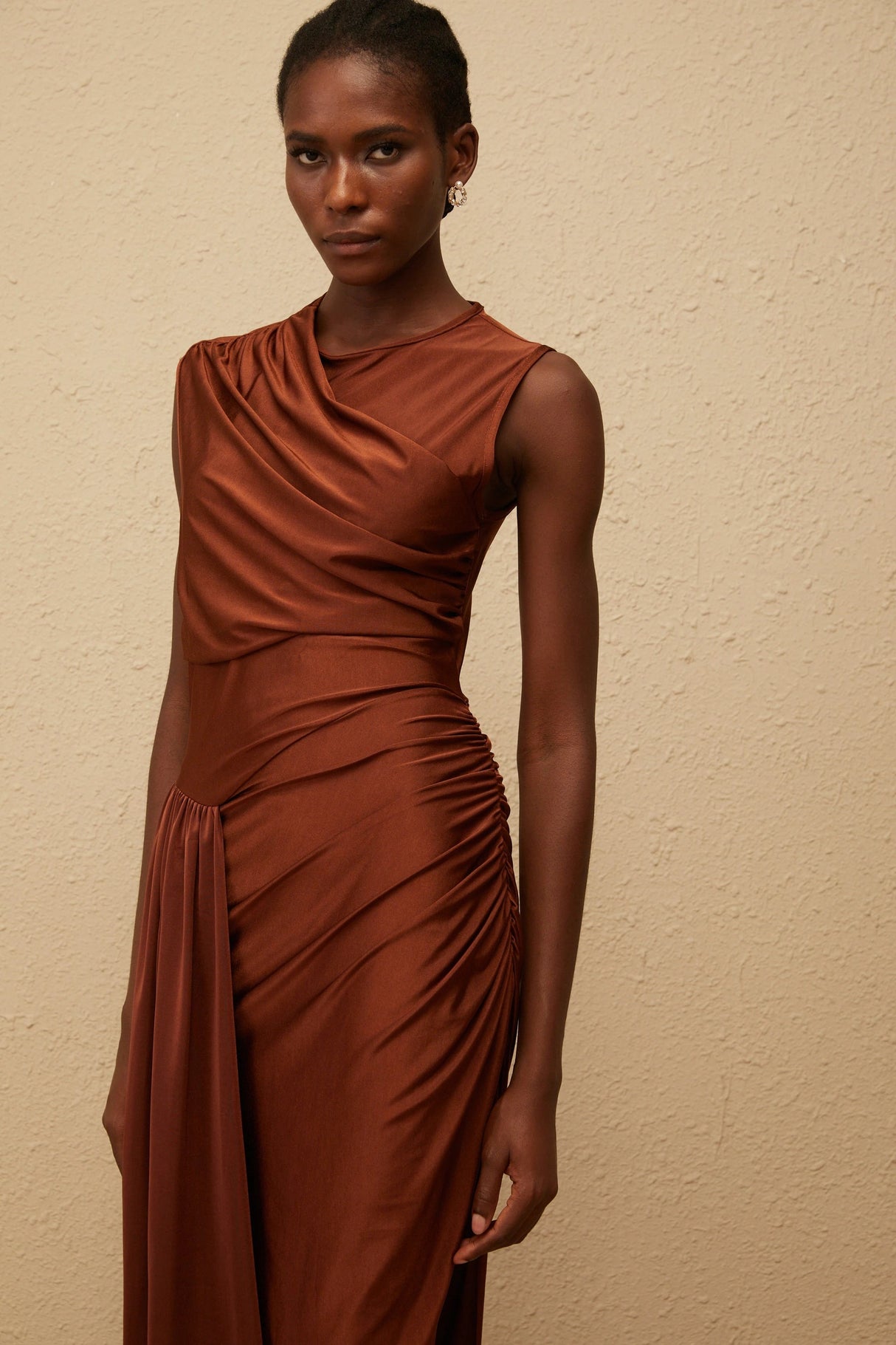 Reine Brown Asymmetrical Ruched Maxi Dress