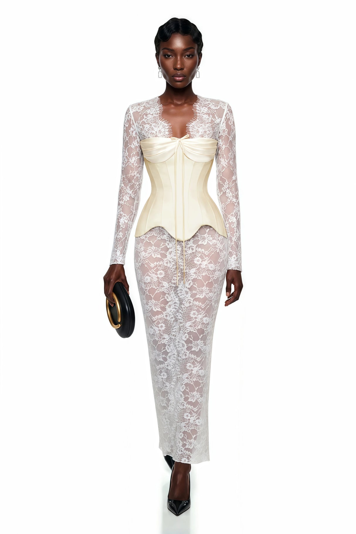 Renata White Ruched Top Semi Sheer Lace Maxi Dress Set