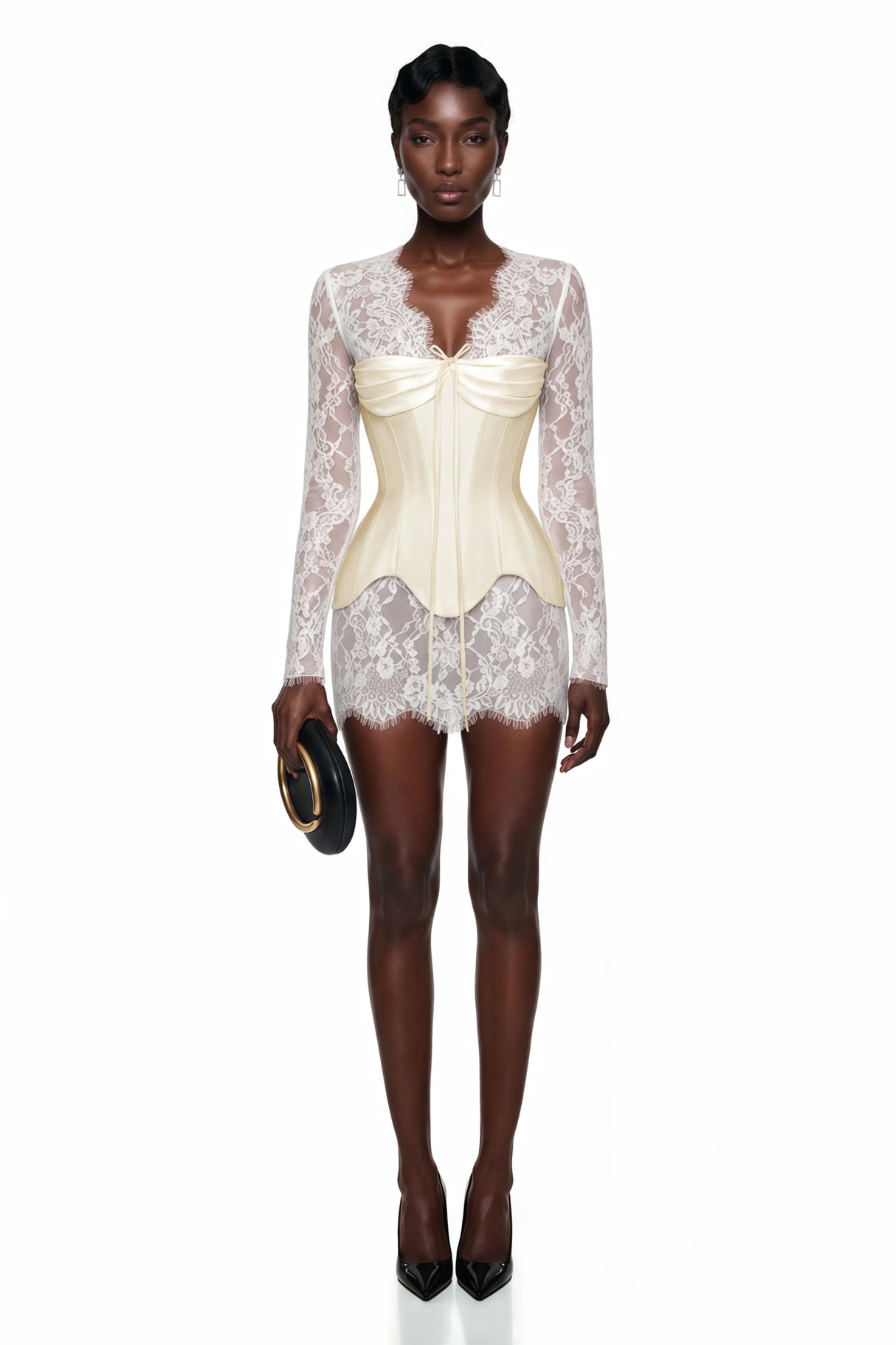 Renata White Ruched Top Semi Sheer Lace Mini Dress Set