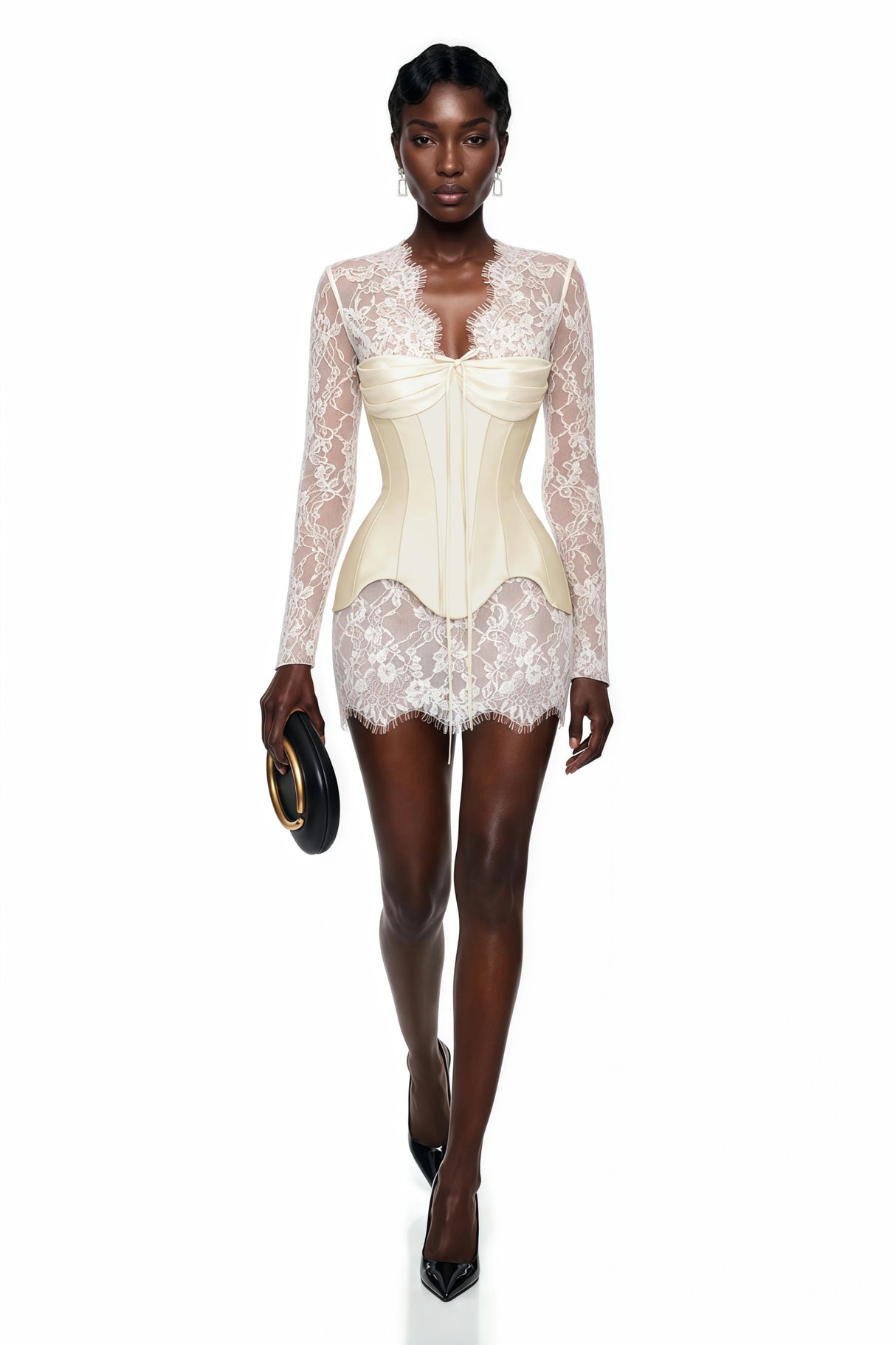 Renata White Ruched Top Semi Sheer Lace Mini Dress Set