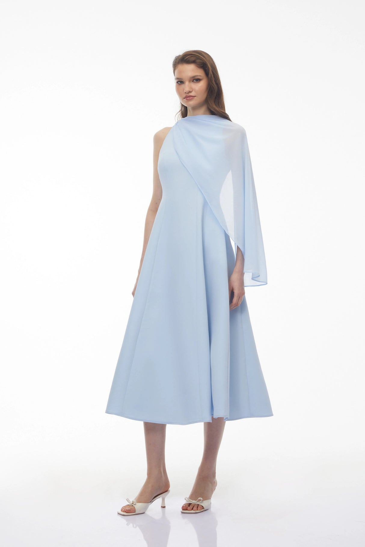 Renee Baby Blue Sleeveless Midi Dress with Draped Cape