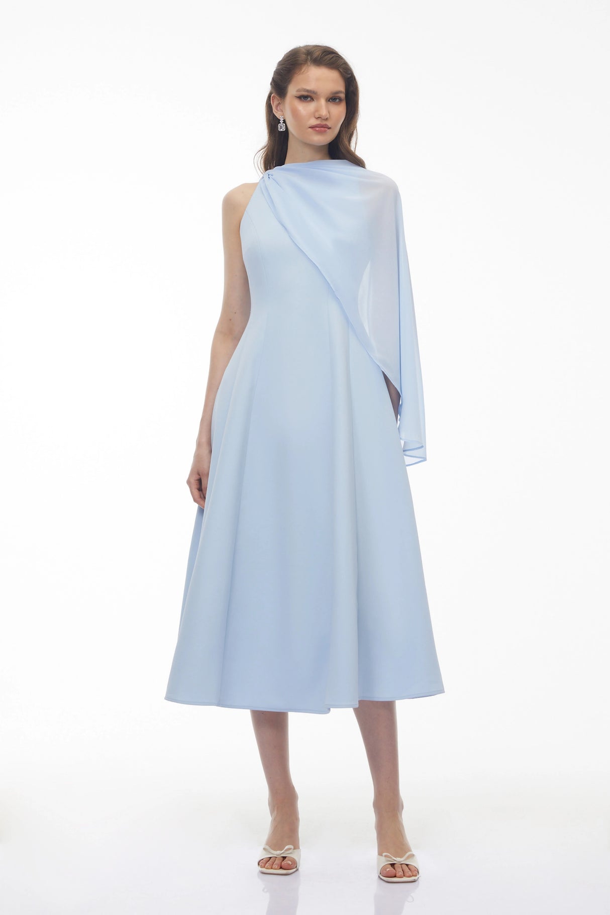 Renee Baby Blue Sleeveless Midi Dress with Draped Cape
