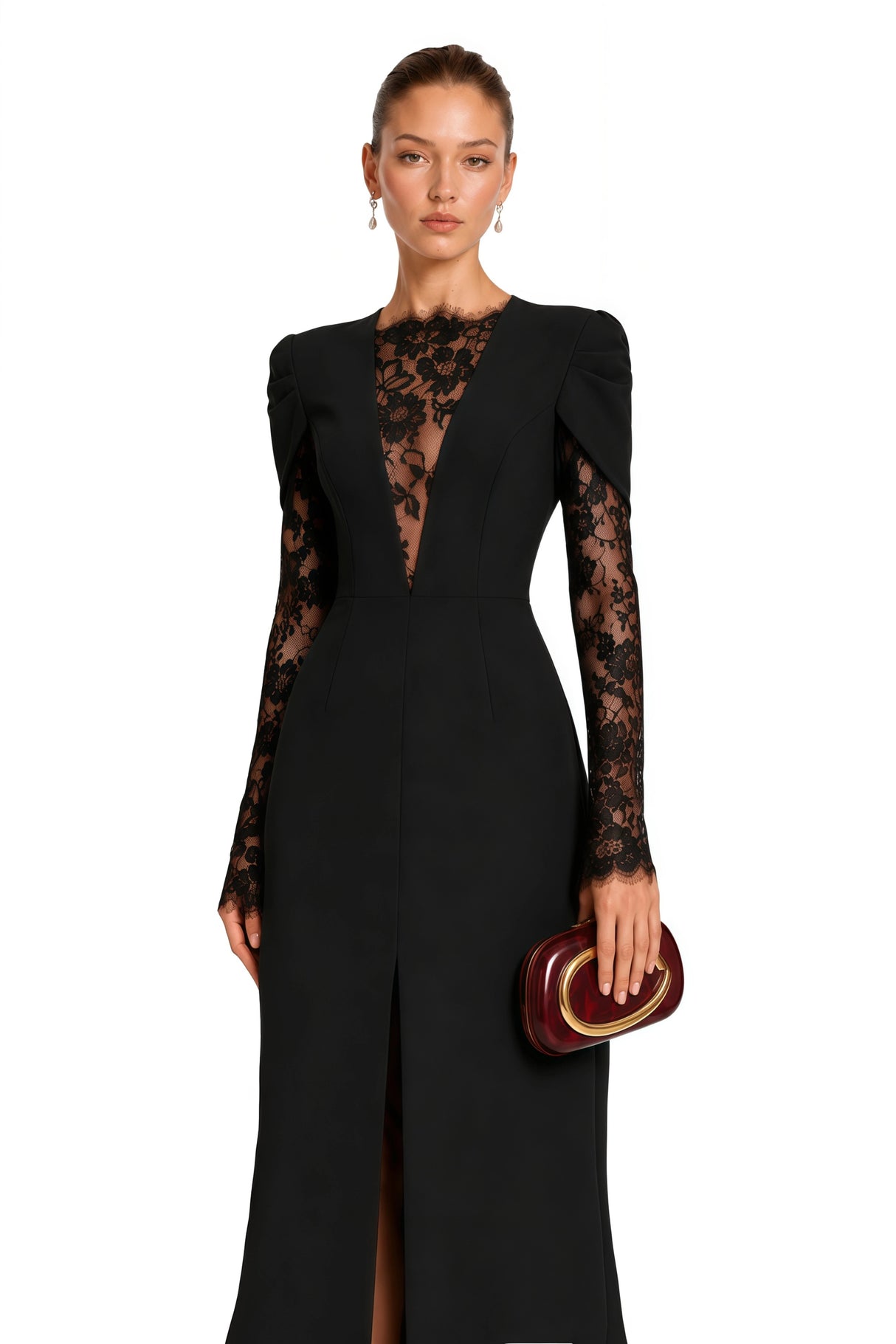 Rhea Black High Slit Lace Panel Midi Dress