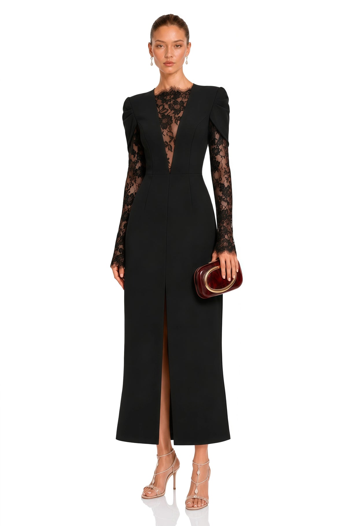 Rhea Black High Slit Lace Panel Midi Dress