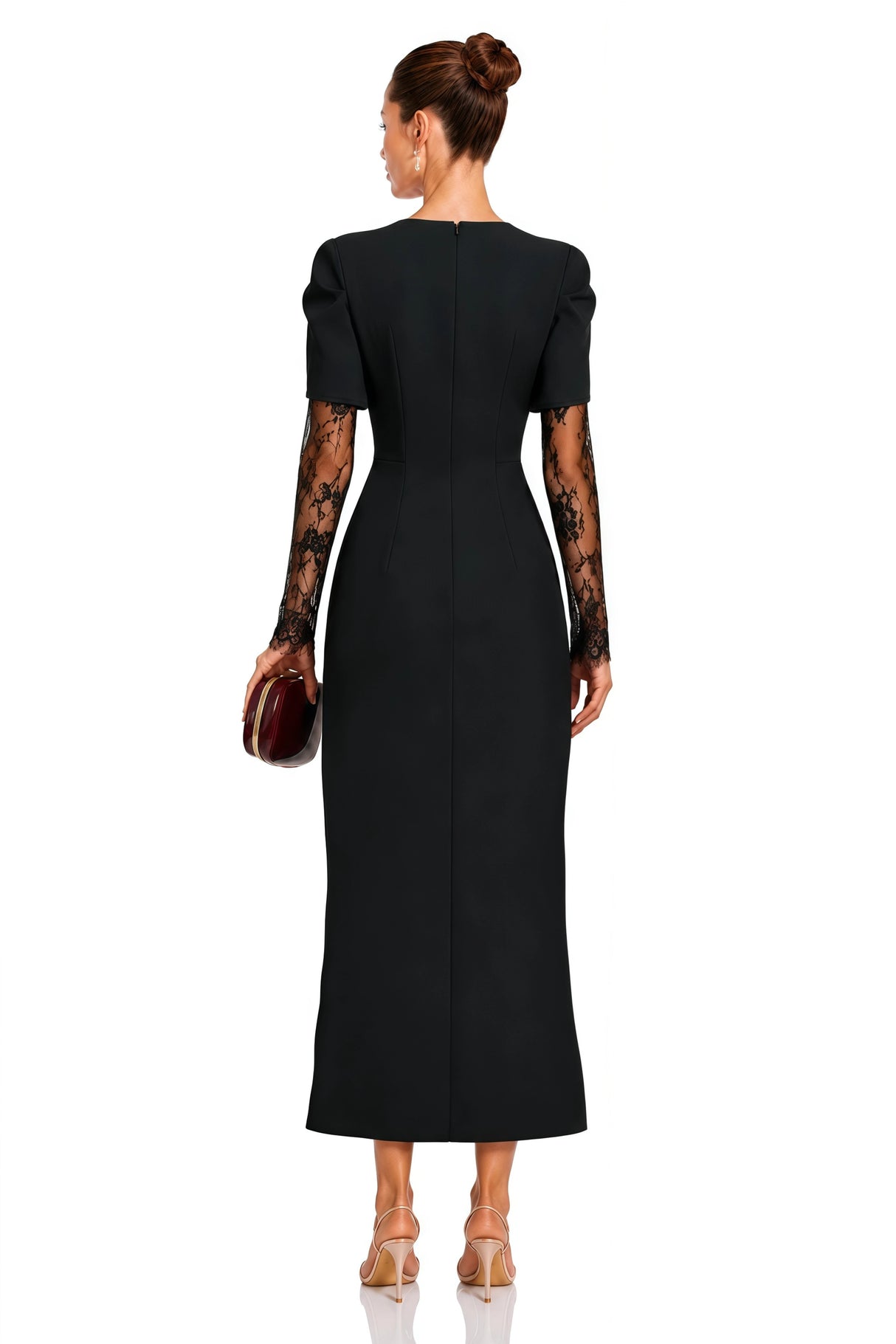 Rhea Black High Slit Lace Panel Midi Dress