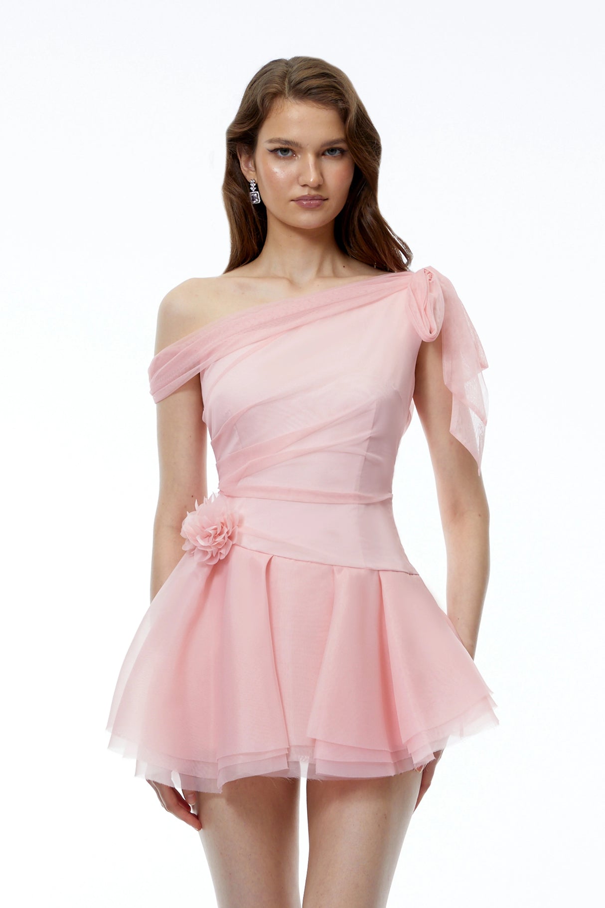 Rhea Pink One Shoulder Tulle Ruffled Mini Dress