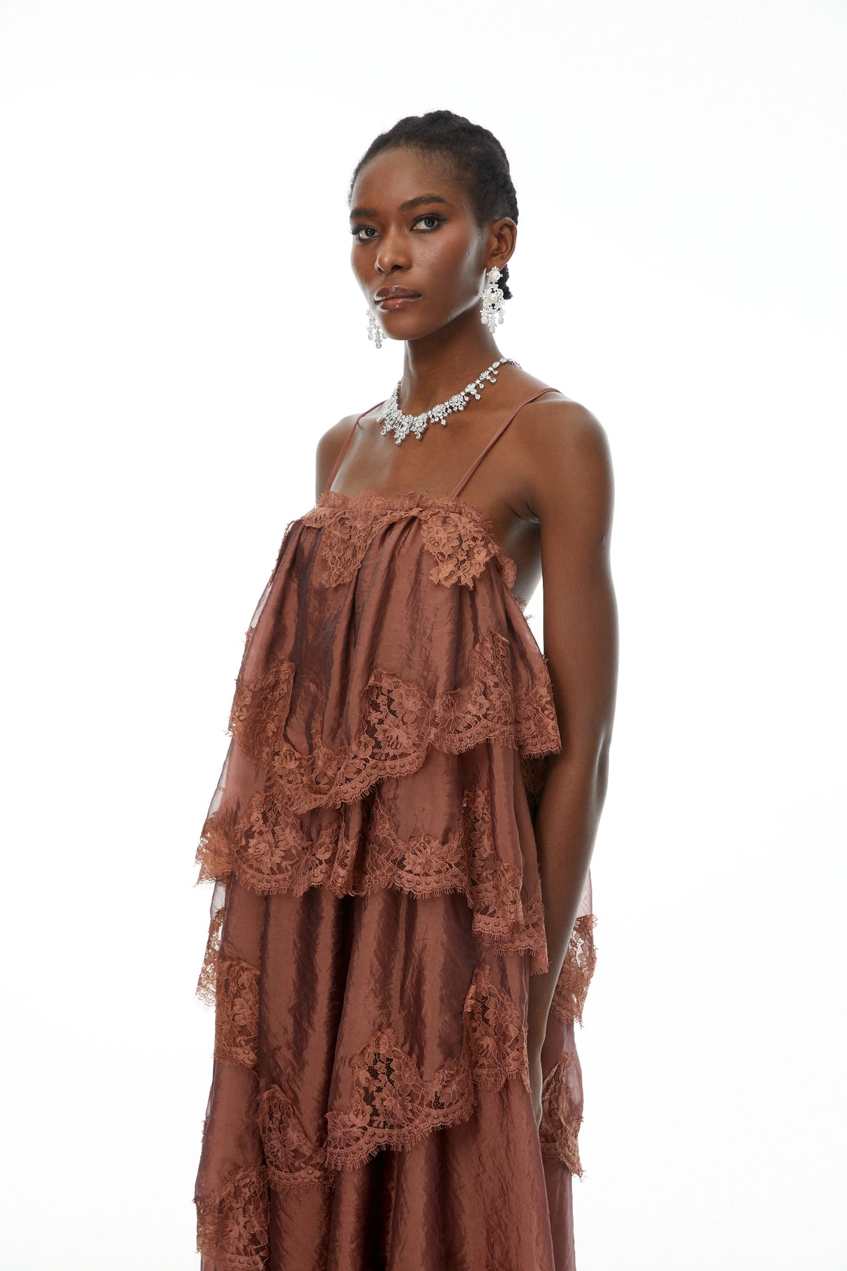 Rhema Chocolate Brown Tiered Maxi Dress with Lace Trim
