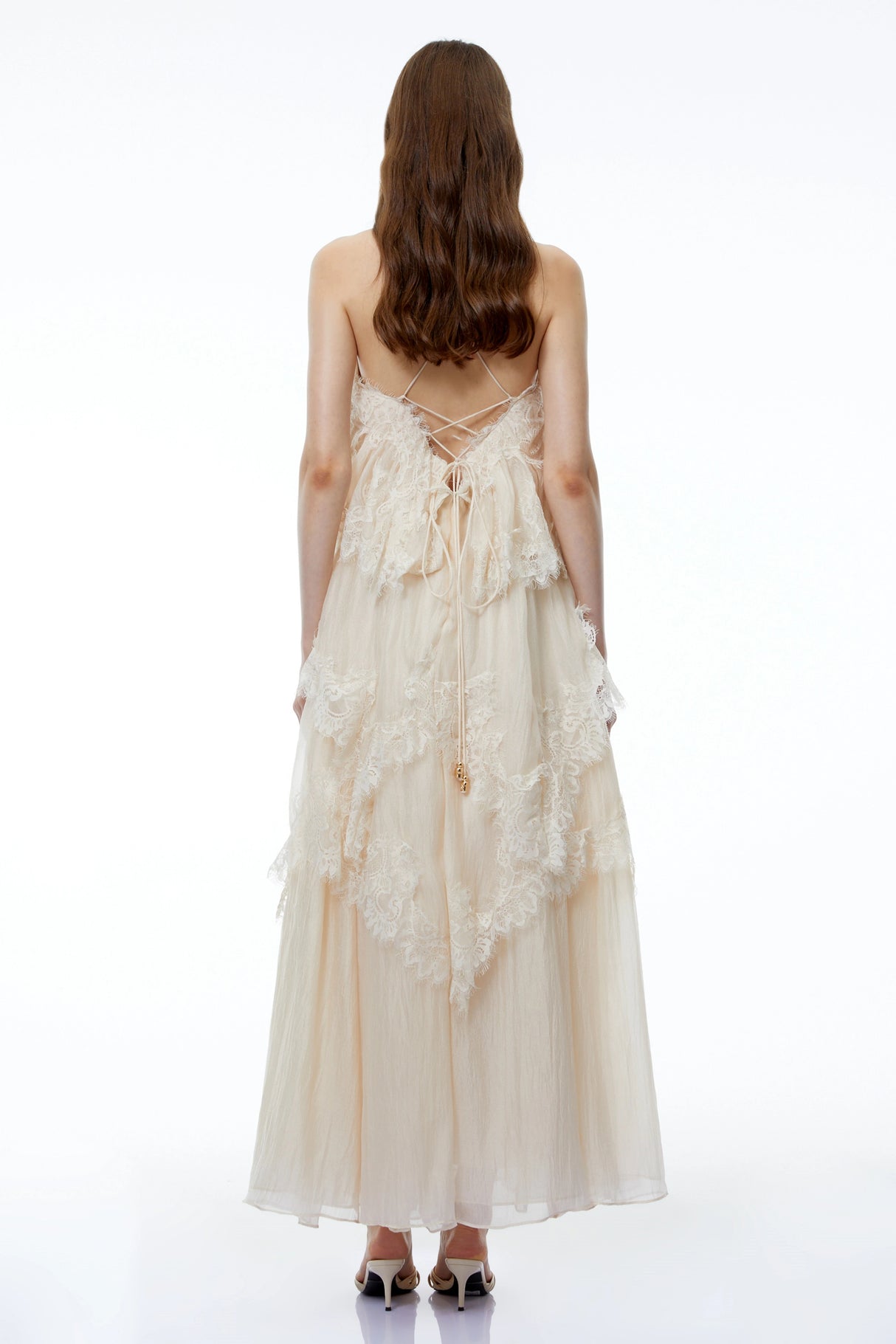 Rhema Cream White Tiered Maxi Dress with Lace Trim