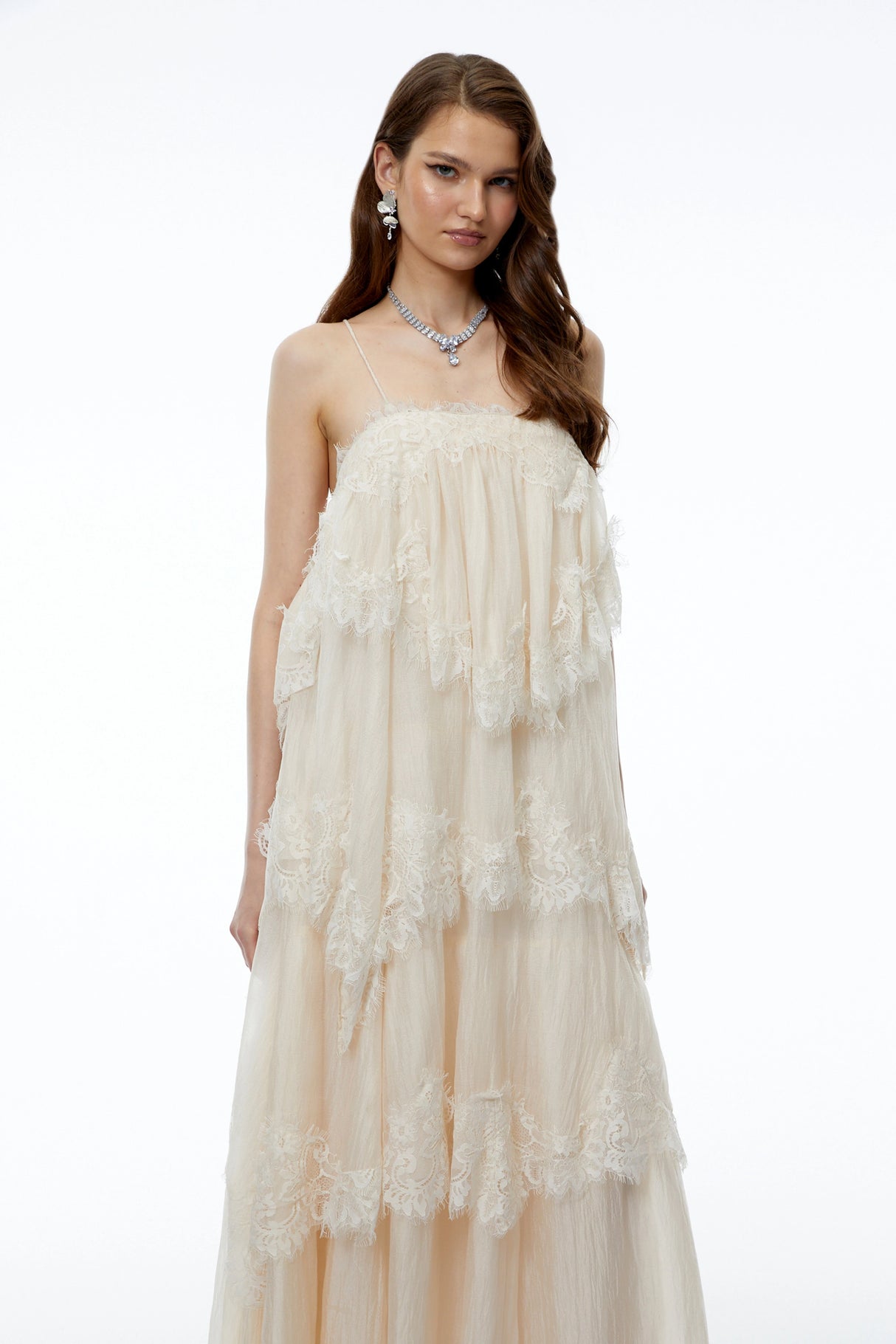 Rhema Cream White Tiered Maxi Dress with Lace Trim