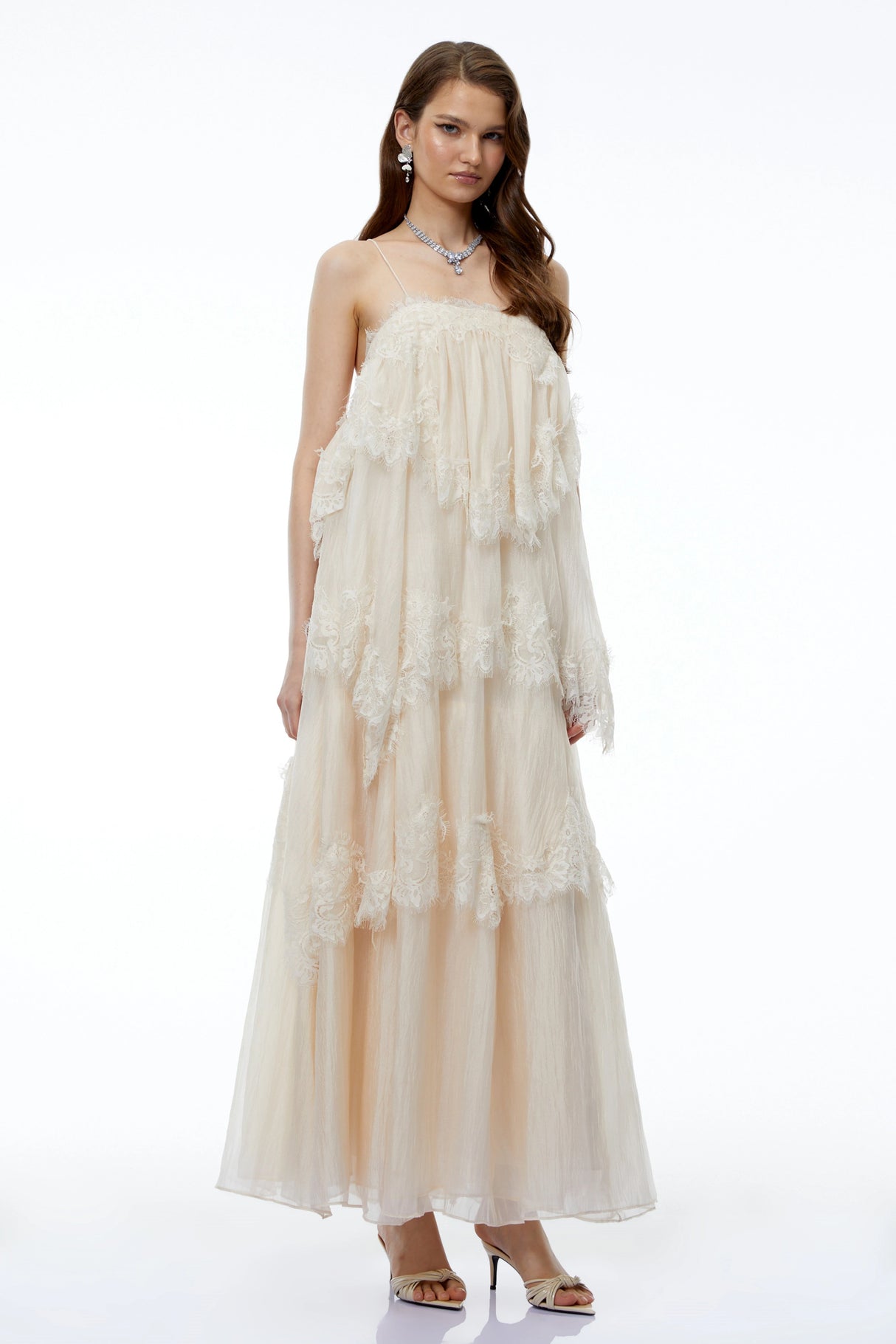 Rhema Cream White Tiered Maxi Dress with Lace Trim