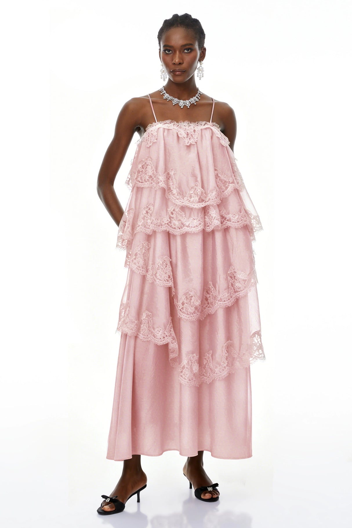 Rhema Pink Tiered Maxi Dress with Lace Trim