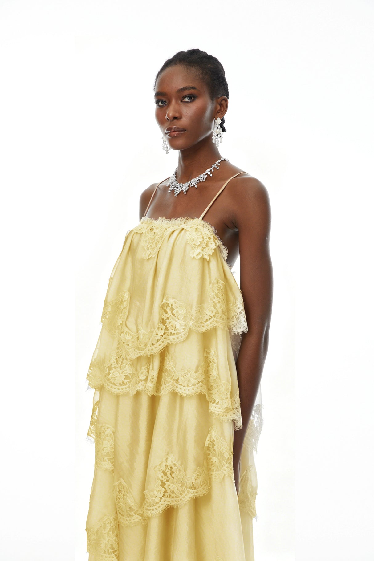 Rhema Yellow Tiered Maxi Dress with Lace Trim