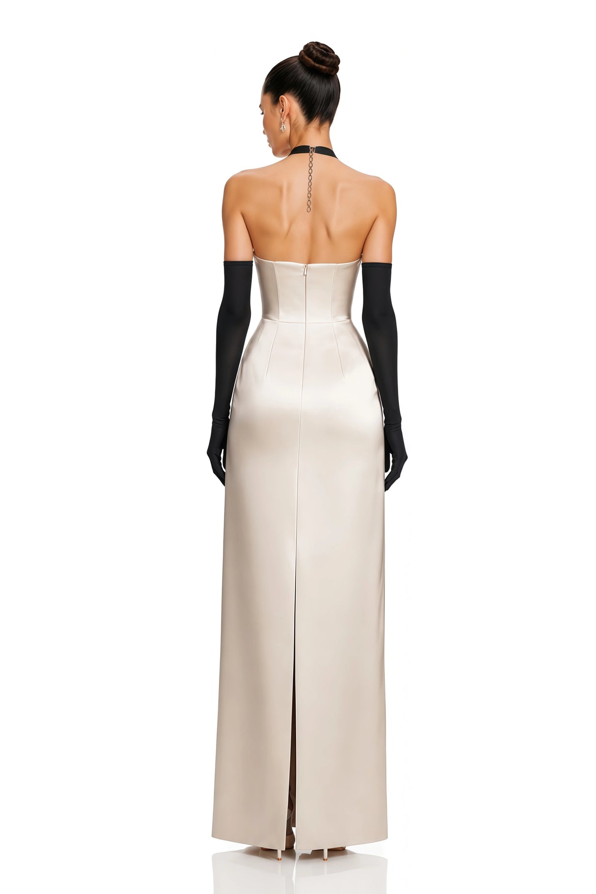Ronit Champagne Satin Maxi Dress with Tulle Panels Without Gloves