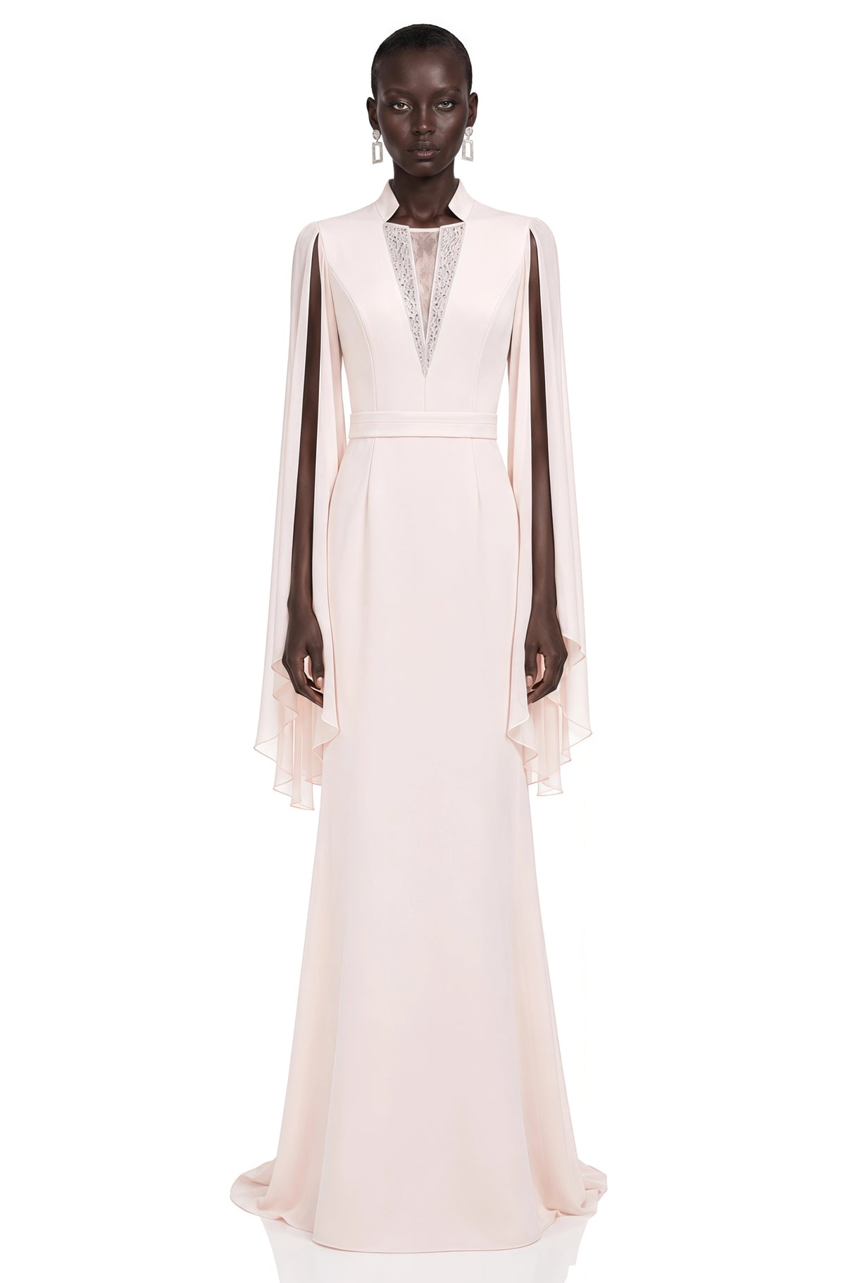 Rosalie Champagne Pleated Cape Maxi Dress
