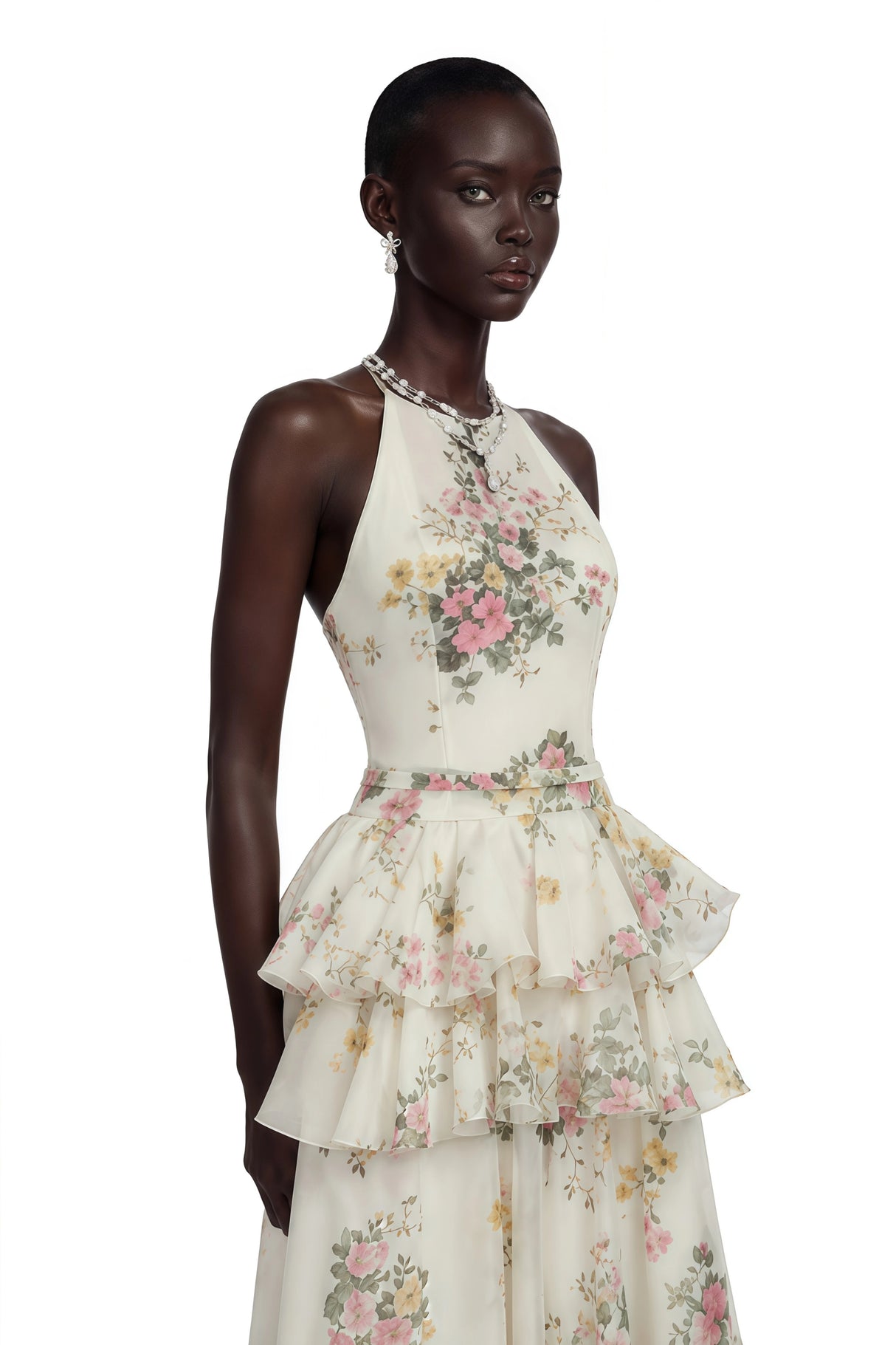 Rosalie White Floral Print Halterneck Tiered Maxi Dress