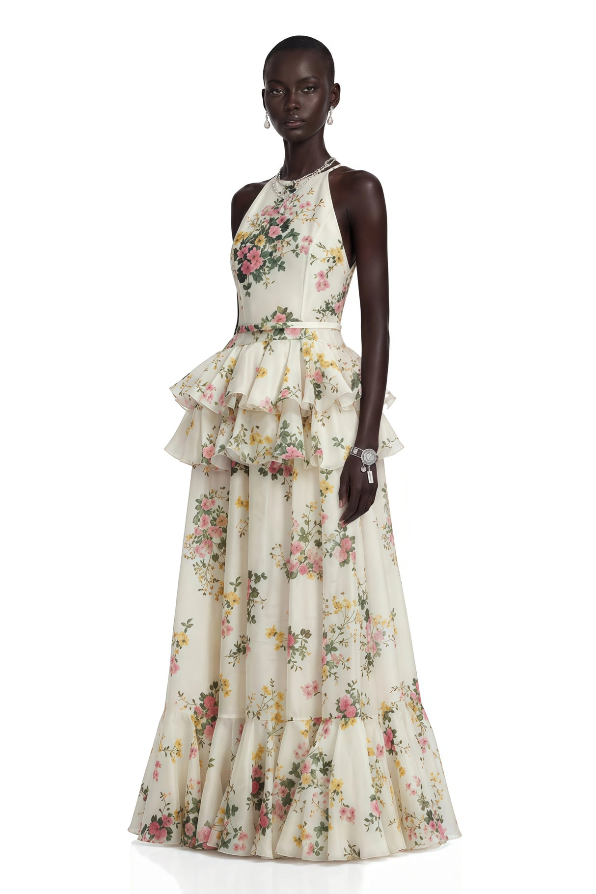 Rosalie White Floral Print Halterneck Tiered Maxi Dress