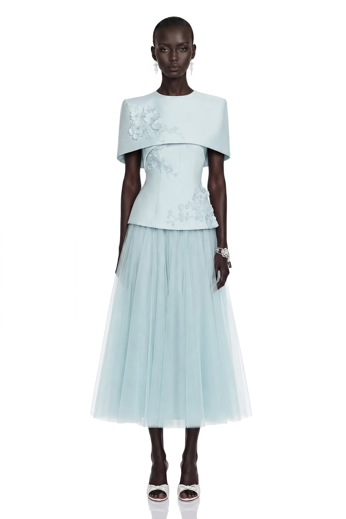 Rosalind Blue Floral Top Mesh Skirt Set with Cape