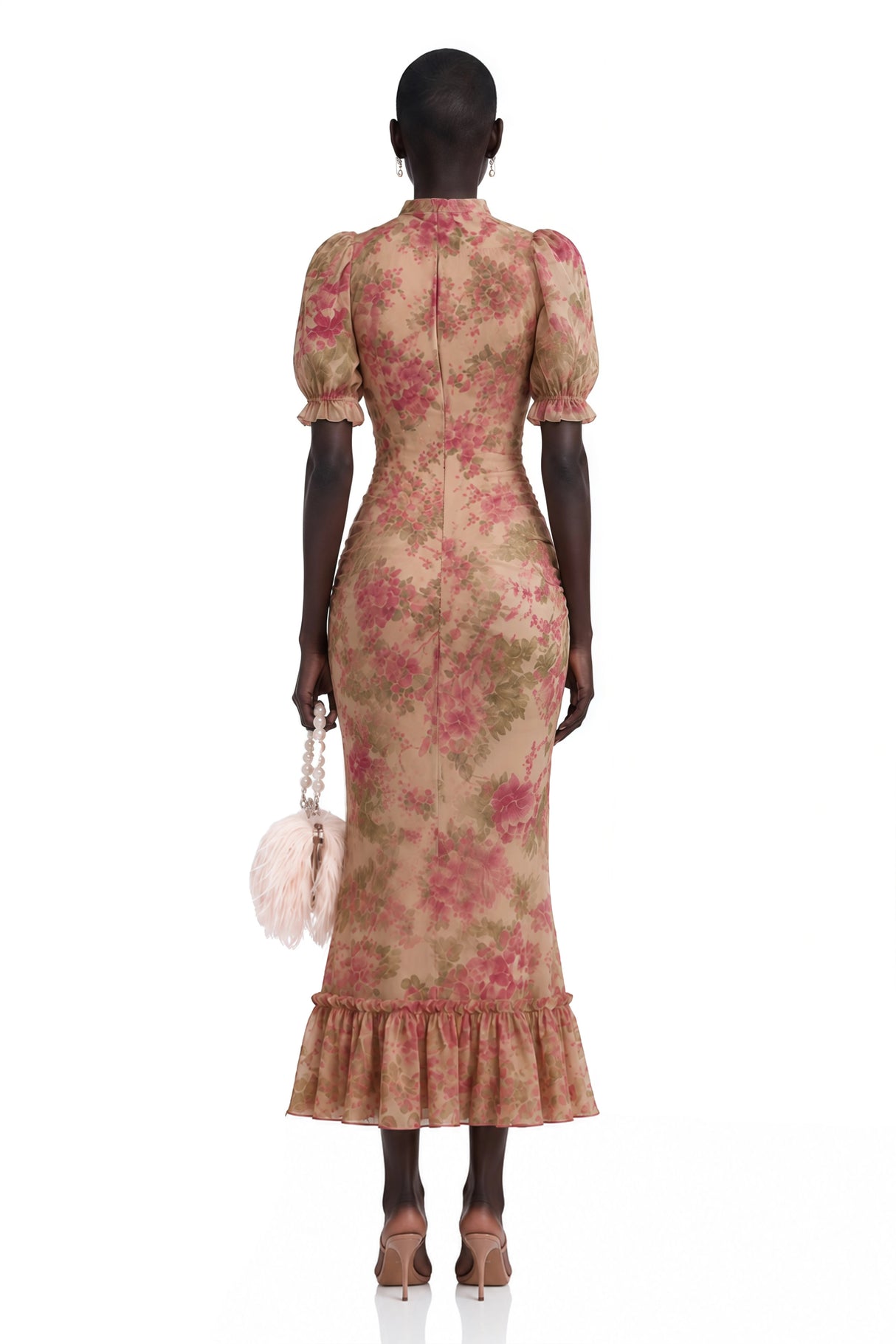 Rosalind Pink Mock Neck Puff Sleeve Floral Maxi Dress