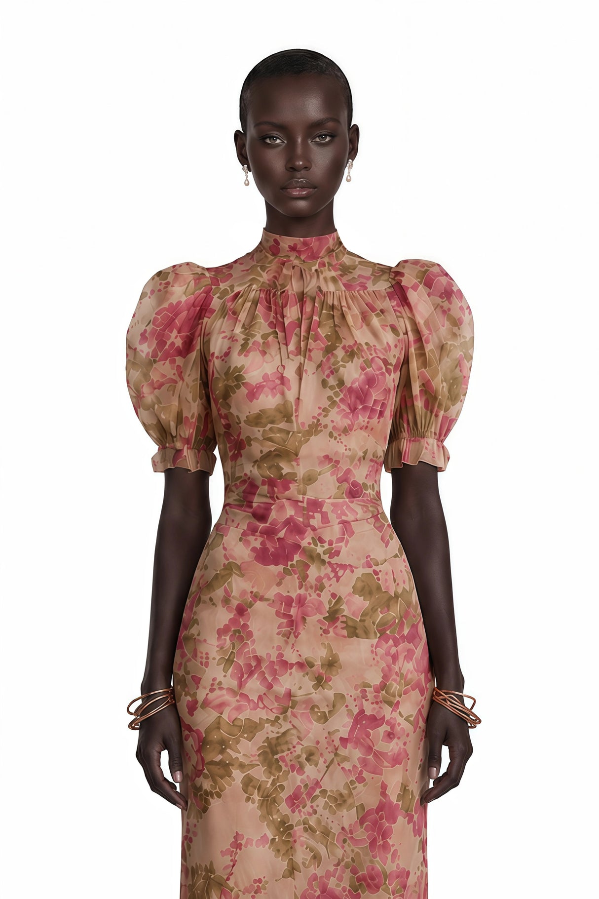 Rosalind Pink Mock Neck Puff Sleeve Floral Maxi Dress