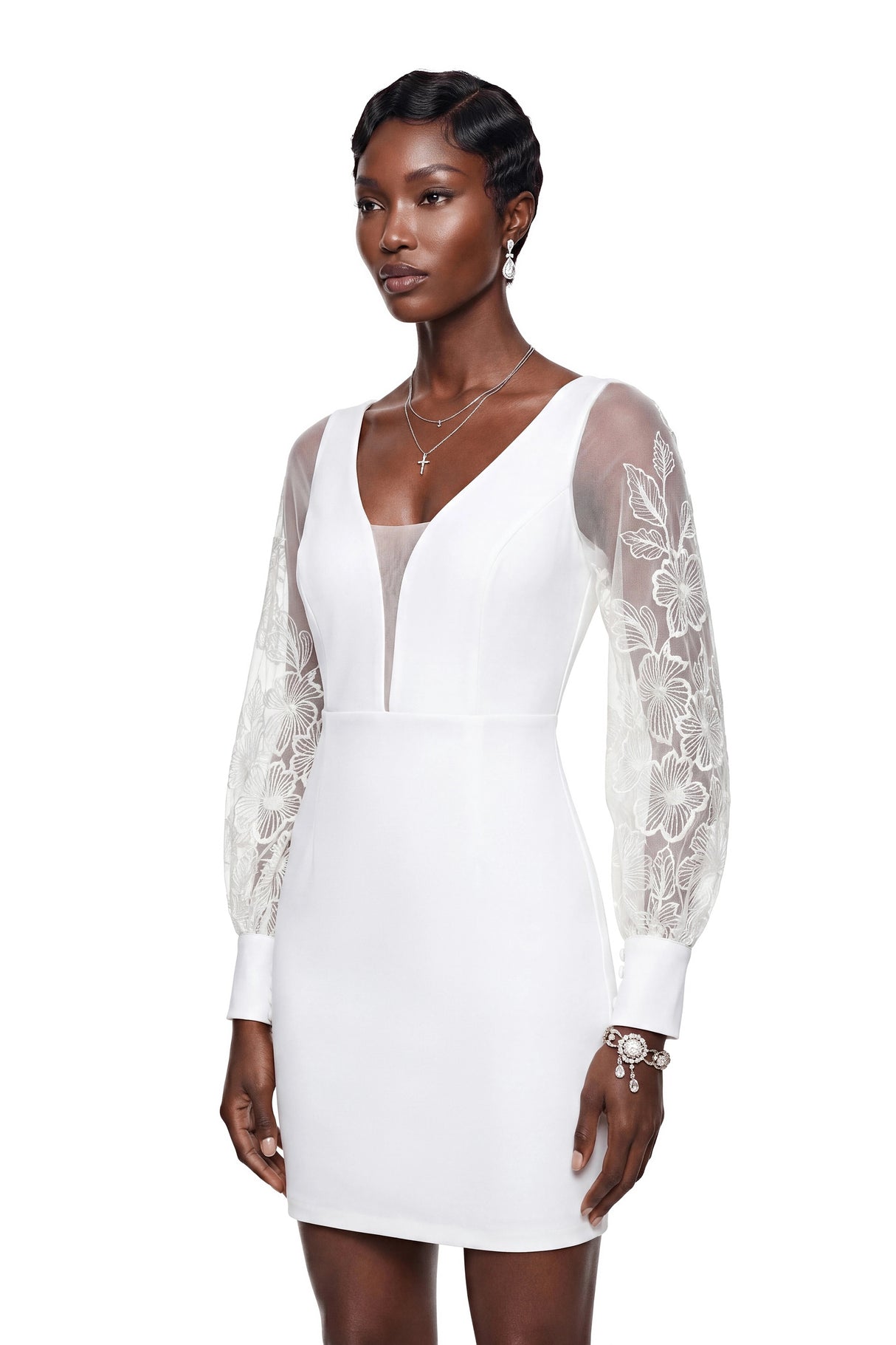 Rosalind White VNeck Puff Sleeve Mini Dress
