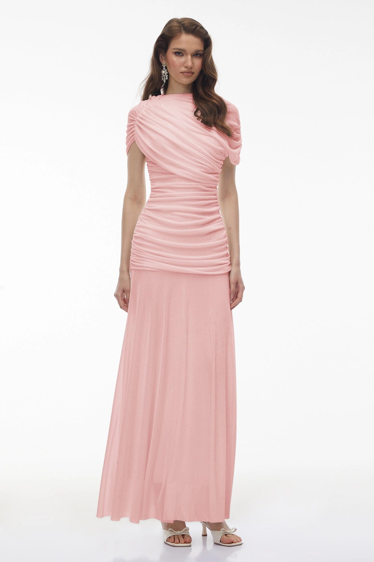 Rosalyn Pink Crew Neck Ruched Maxi Dress