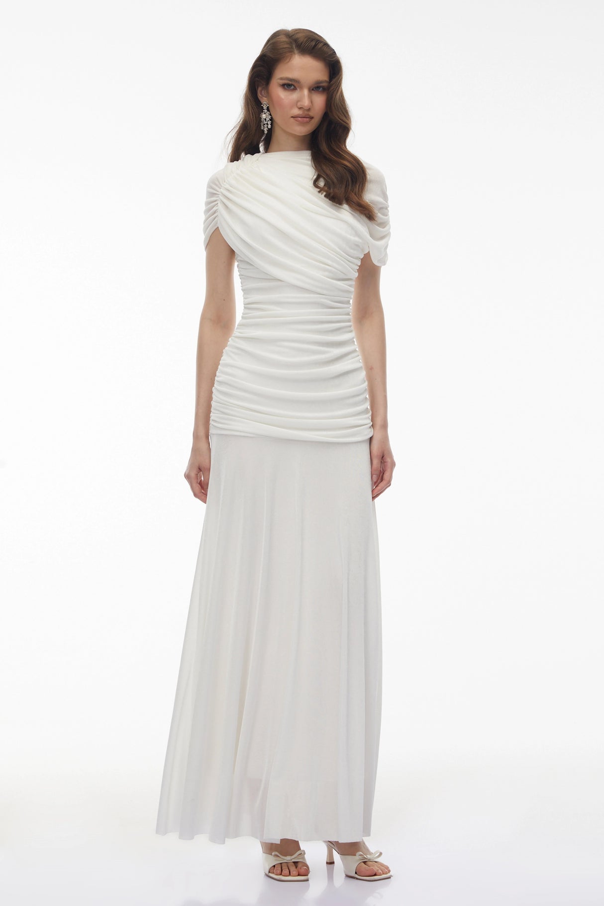 Rosalyn White Crew Neck Ruched Maxi Dress