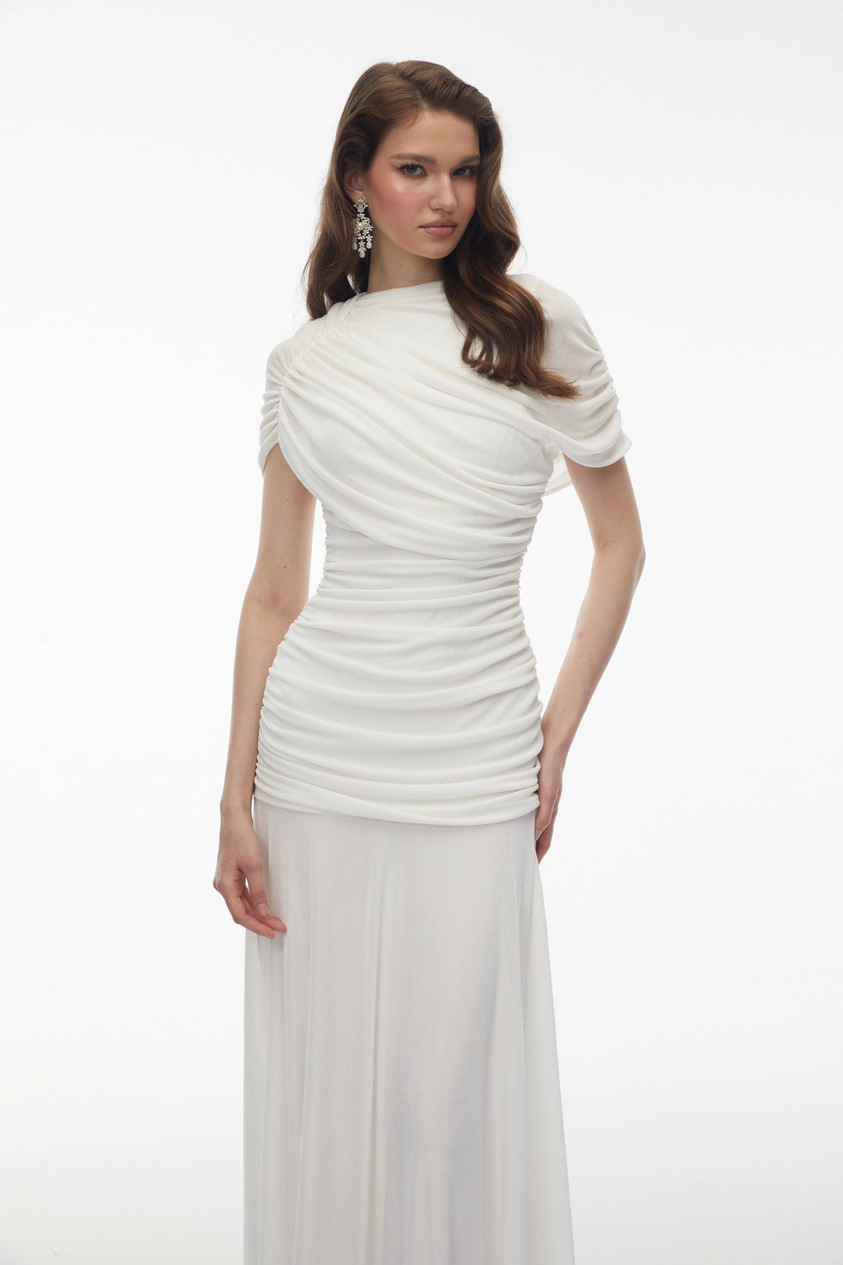 Rosalyn White Crew Neck Ruched Maxi Dress