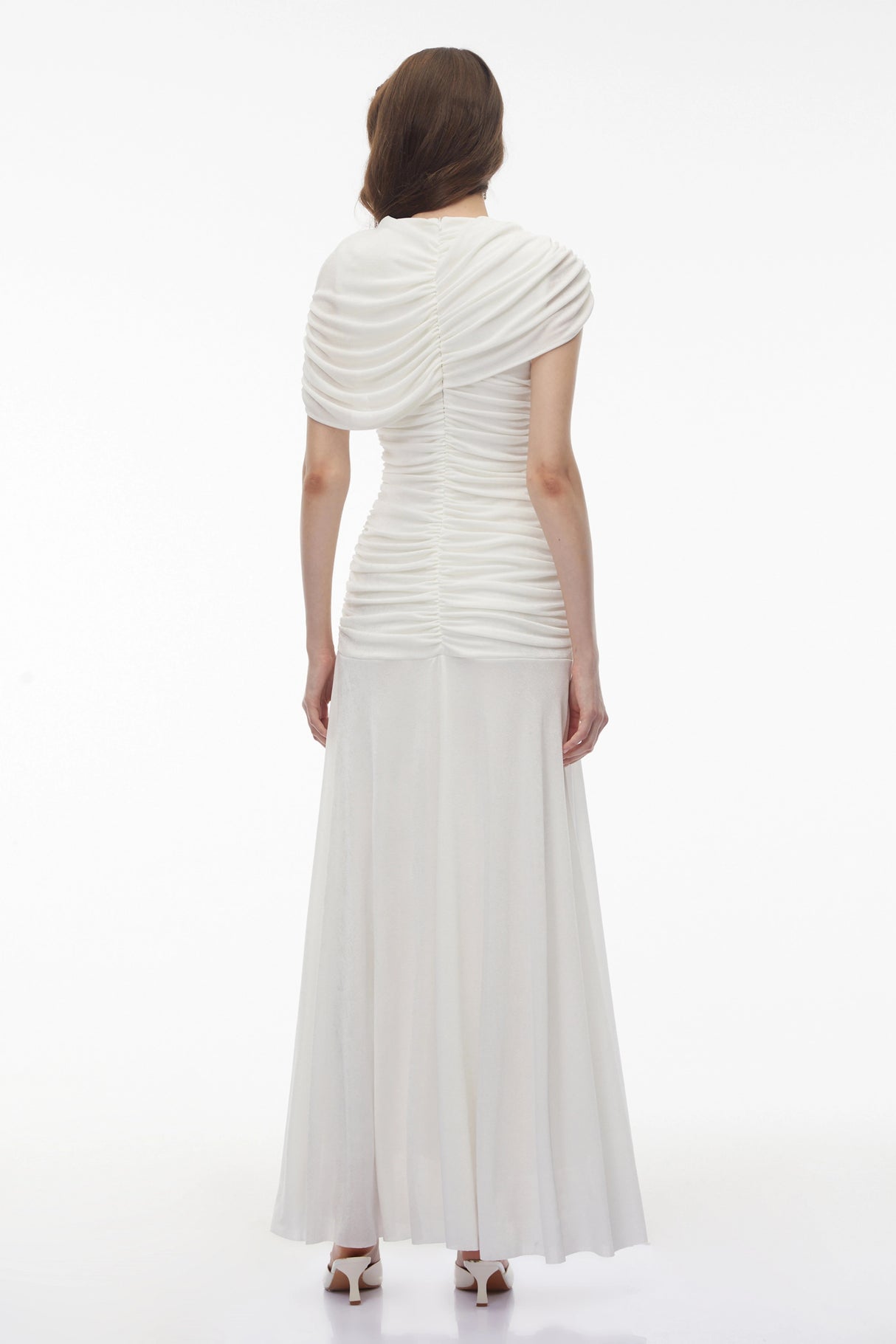 Rosalyn White Crew Neck Ruched Maxi Dress