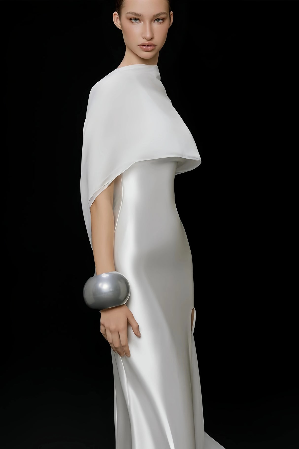 Rosana White Tiered Cape Maxi Dress with High Slit