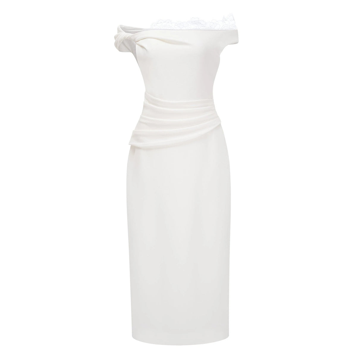Roshanak White One Shoulder Midi Dress with Lace Panels