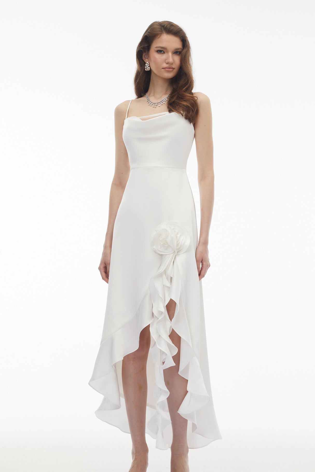 Rosie White Ruffled Maxi Dress with 3D Floral