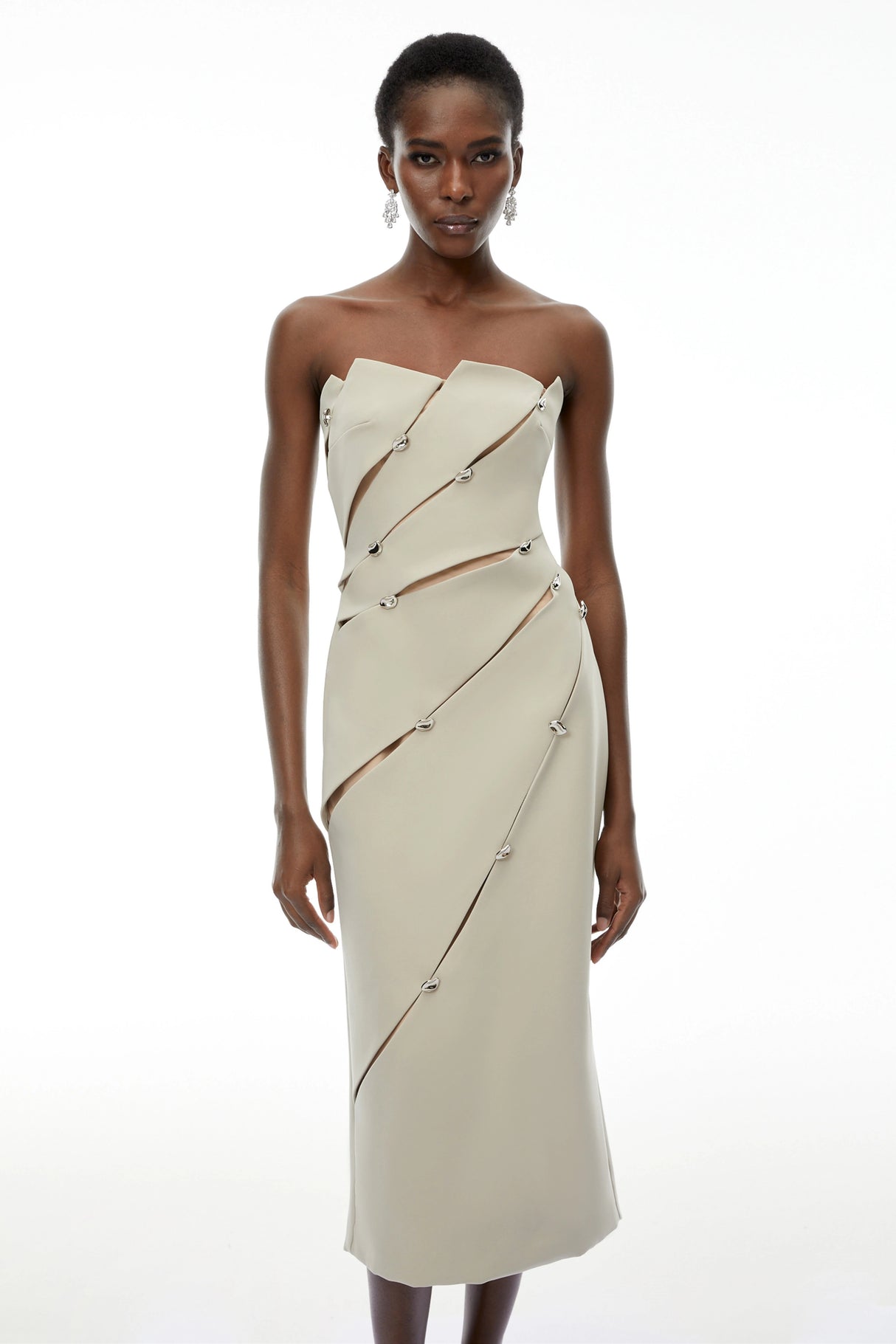 Rowena Khaki Asymmetrical Off Shoulder Midi Dress