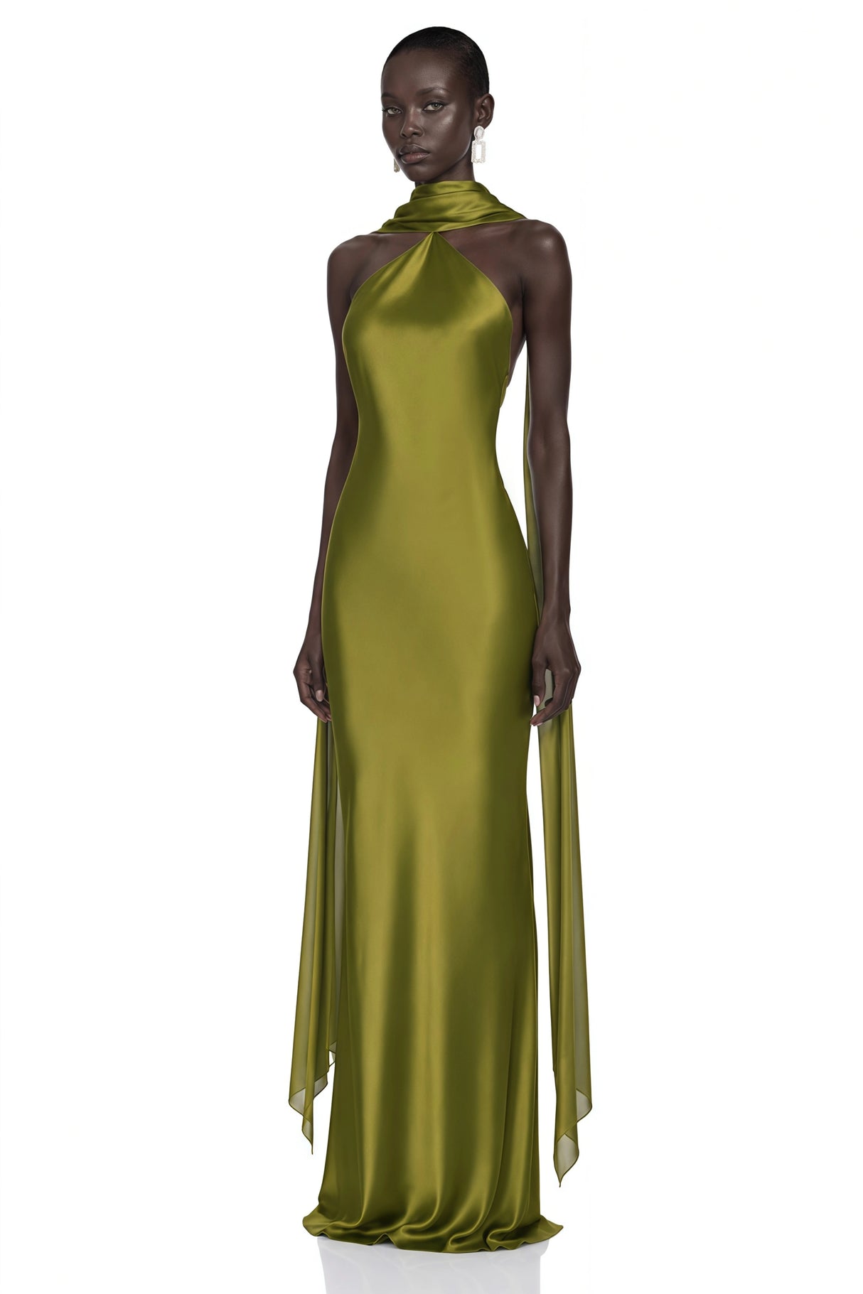 Rowena Olive Green Halterneck Maxi Dress With Scarf