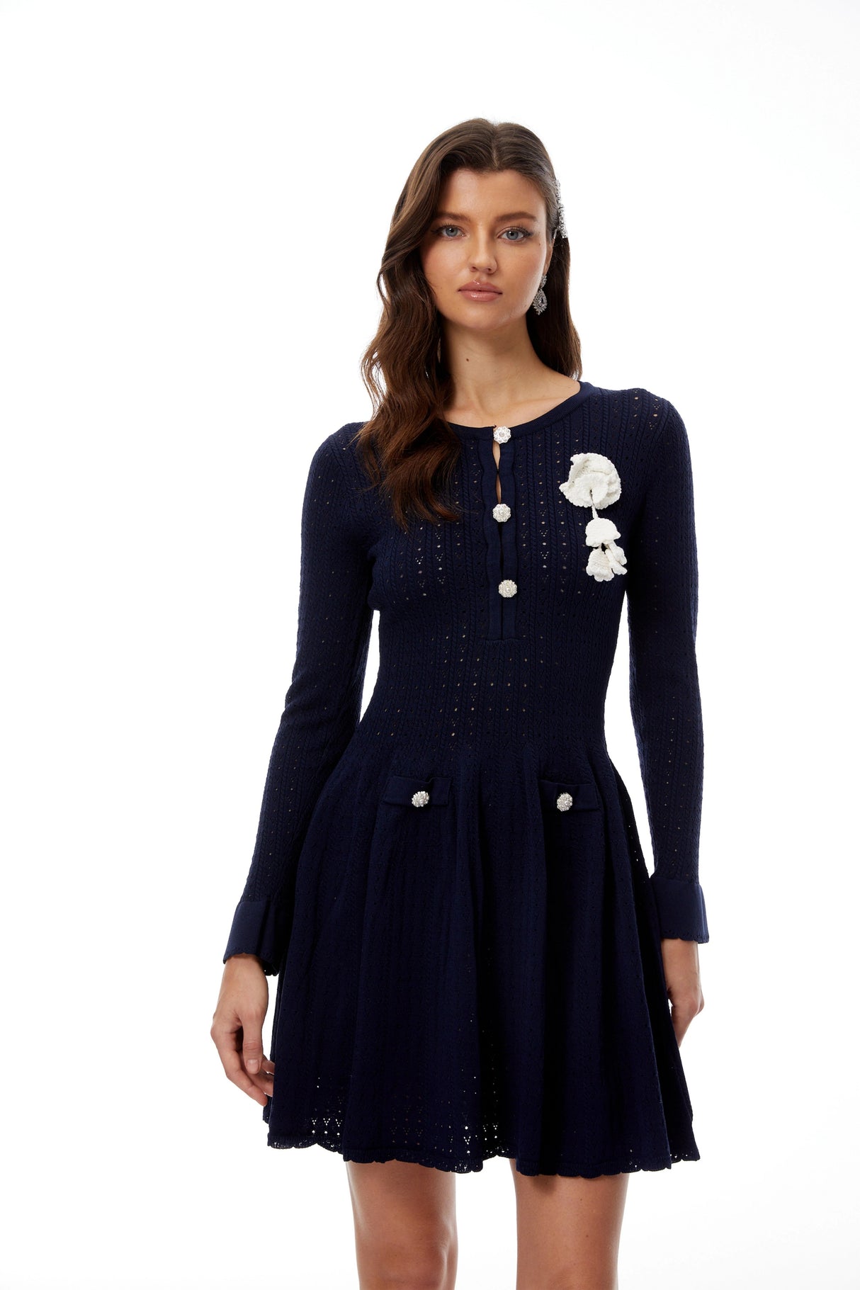 Roxane Navy Blue Pointelle Knit Mini Dress