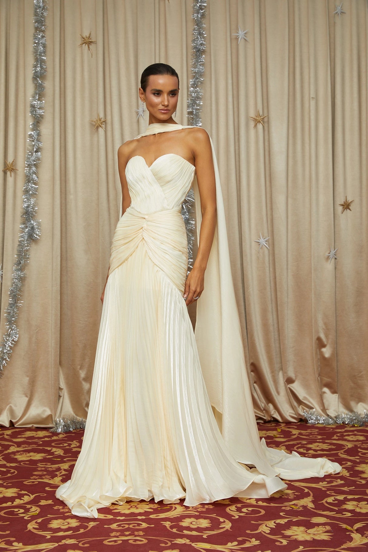 Roxane Yellow Cinched Waist Ruched Maxi Dress