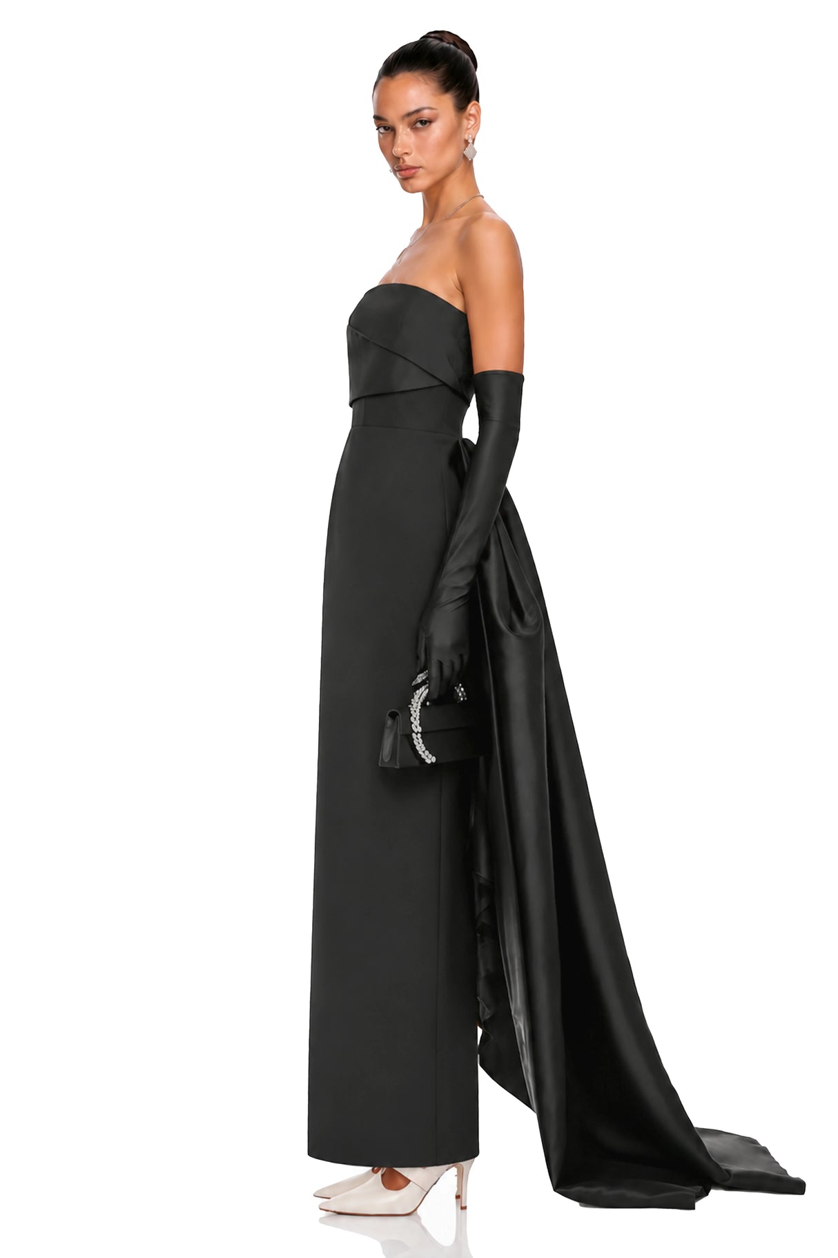 Roxanne Black Strapless Draped Satin Maxi Dress